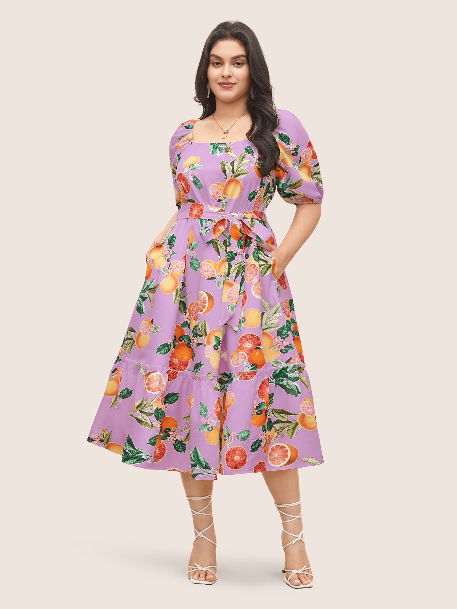 

Plus Size Citrus Orange Print Belted Frill Trim Gathered Dress Lilac Women Non Non Sleeveless Curvy Midi Dress BloomChic