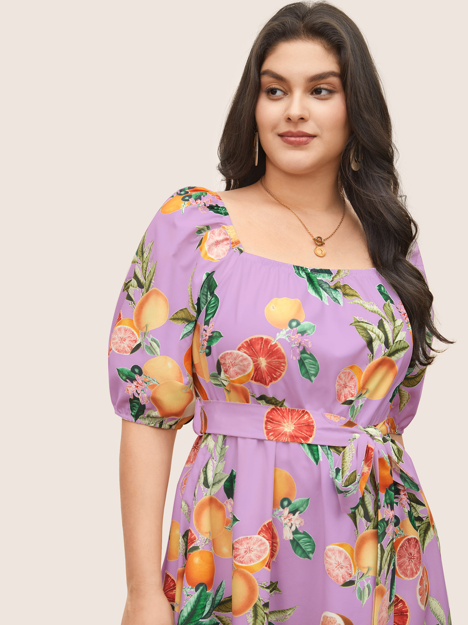 

Plus Size Citrus Orange Print Belted Frill Trim Gathered Dress Lilac Women Elegant Non Non Sleeveless Curvy Midi Dress BloomChic