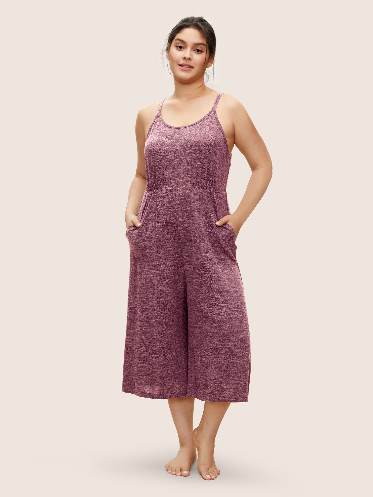 

Plus Size Solid Heather Adjustable Straps Pocket Sleep Jumpsuit RedViolet Slanted pocket Everyday Lounge Sleep Jumpsuits/Rompers  Bloomchic