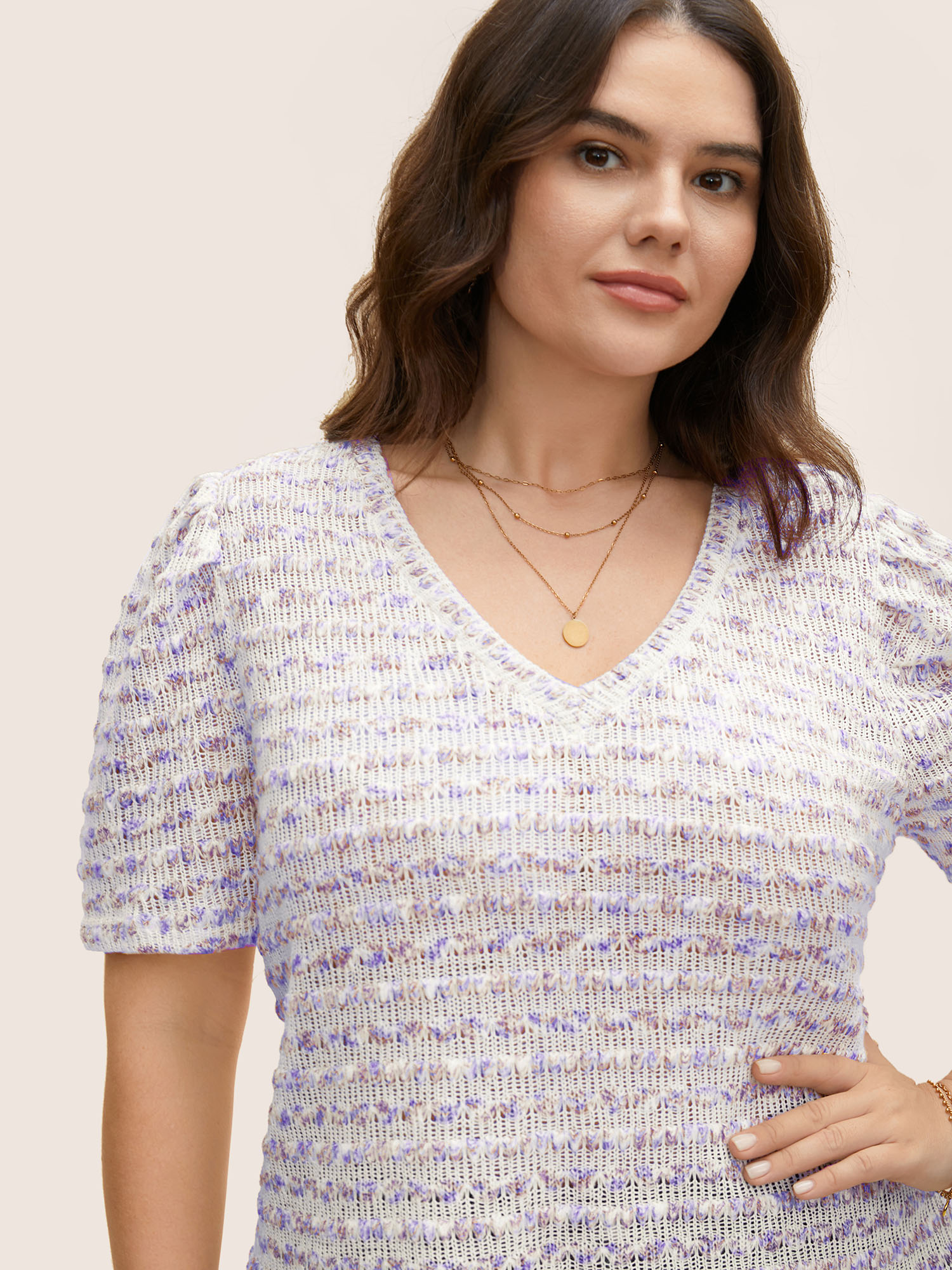 Plus Size V Neck Cut Out Striped Tie Dye T-shirt Multicolor Women Elegant Contrast V-neck Everyday T-shirts BloomChic 30/6X 