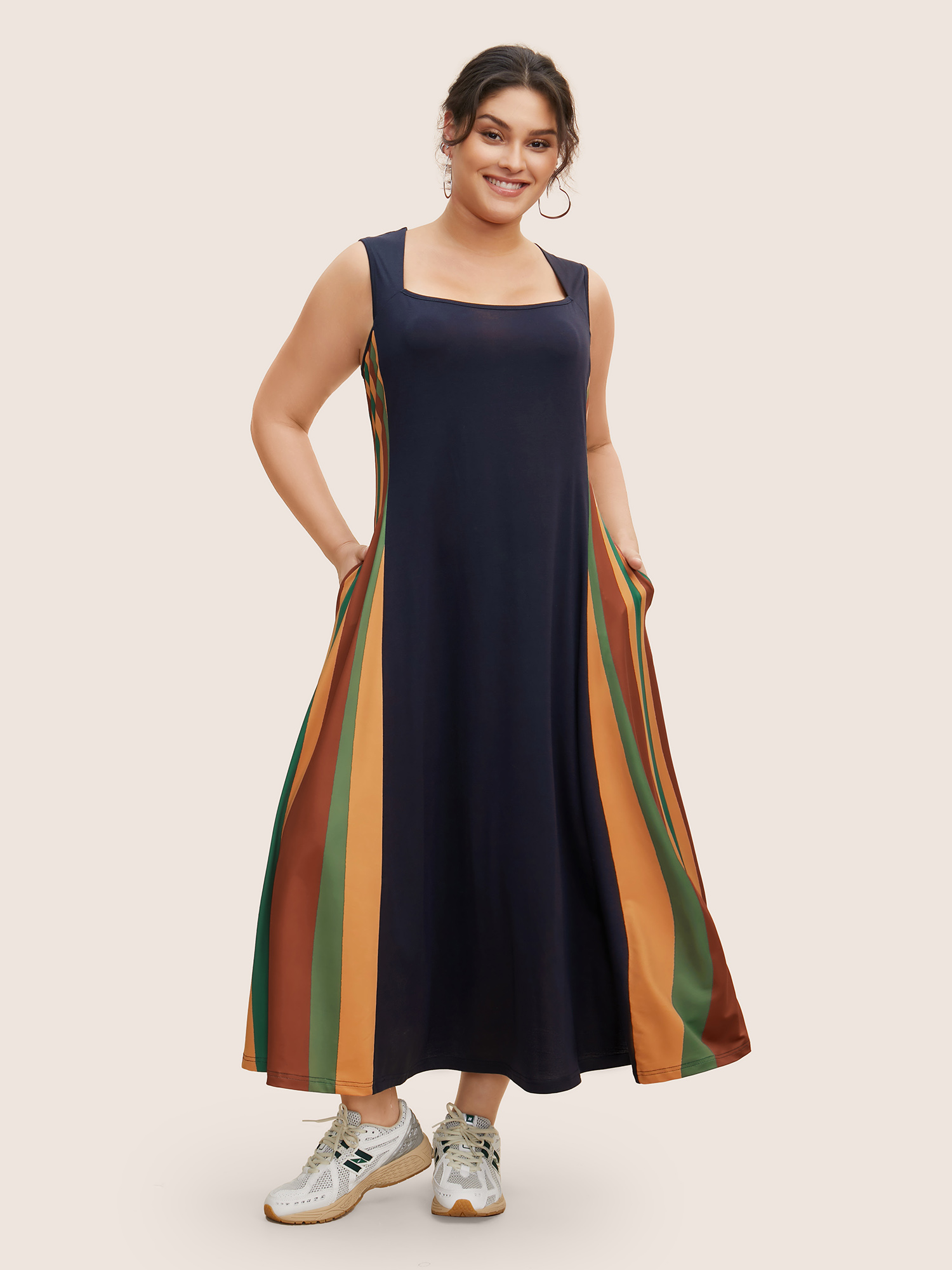 

Plus Size Square Neck Patchwork Striped Maxi Dress Navy Women Contrast Square Neck Sleeveless Curvy BloomChic