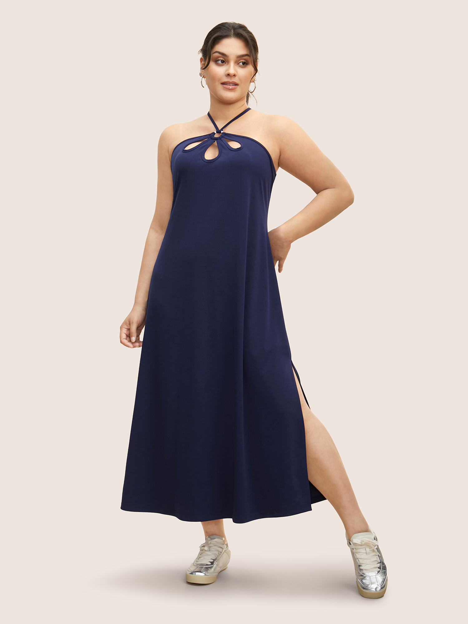 

Plus Size Solid Cut Out Split Side Maxi Dress Navy Women Cut-Out Asymmetrical Neck Sleeveless Curvy BloomChic