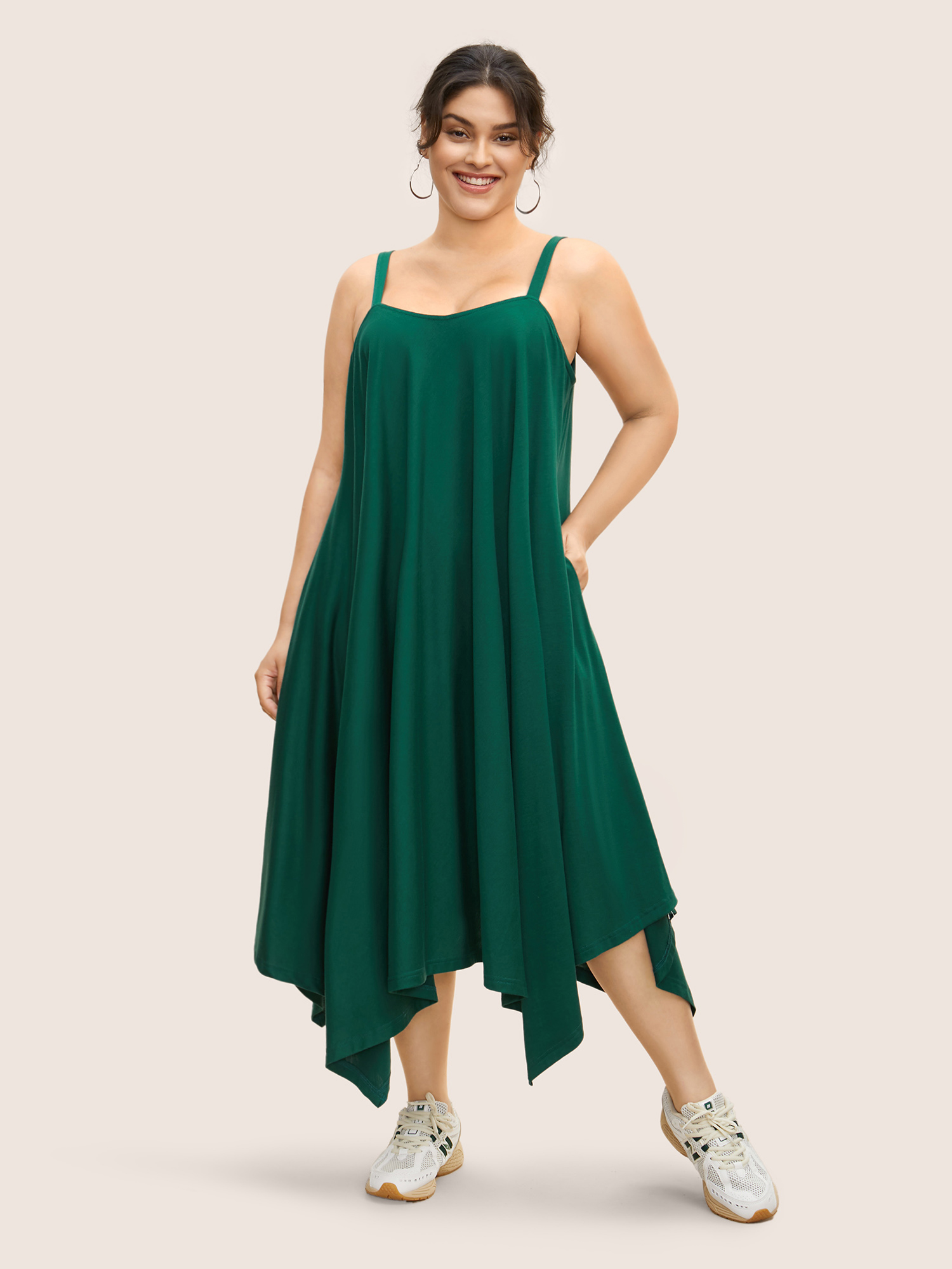 

Plus Size Solid Asymmetrical Hem Pocket Cami Dress DarkGreen Women Asymmetrical Square Neck Sleeveless Curvy BloomChic