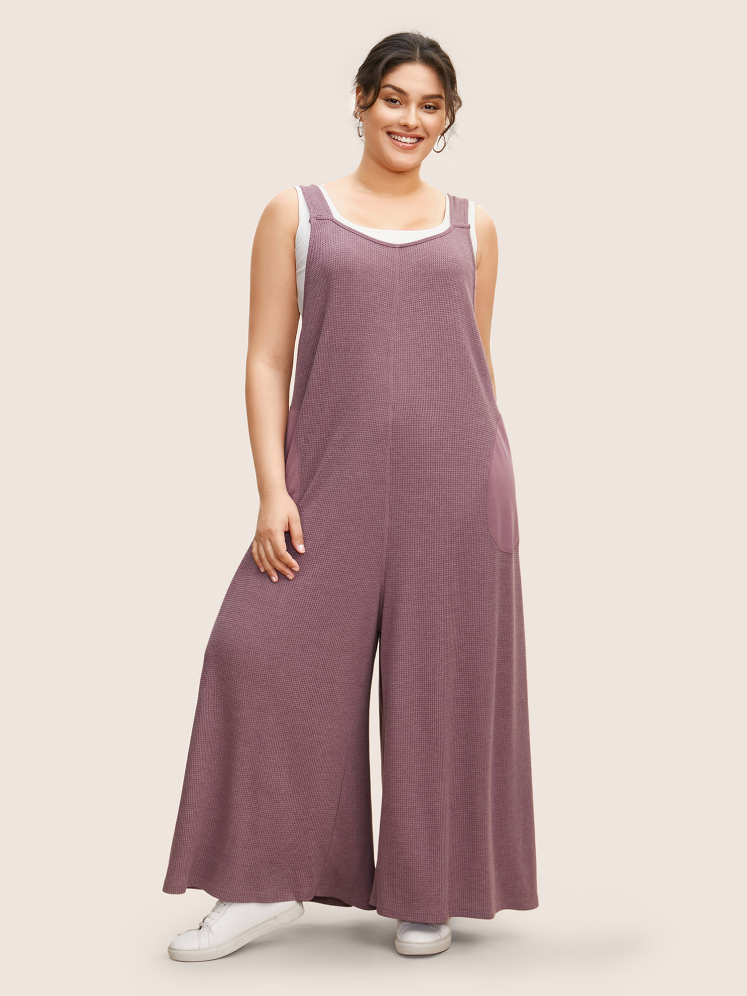 

Plus Size Mauve Waffle Knit Tie Knot Wide Leg Jumpsuit Women Casual Sleeveless Heart neckline Everyday Loose Jumpsuits BloomChic