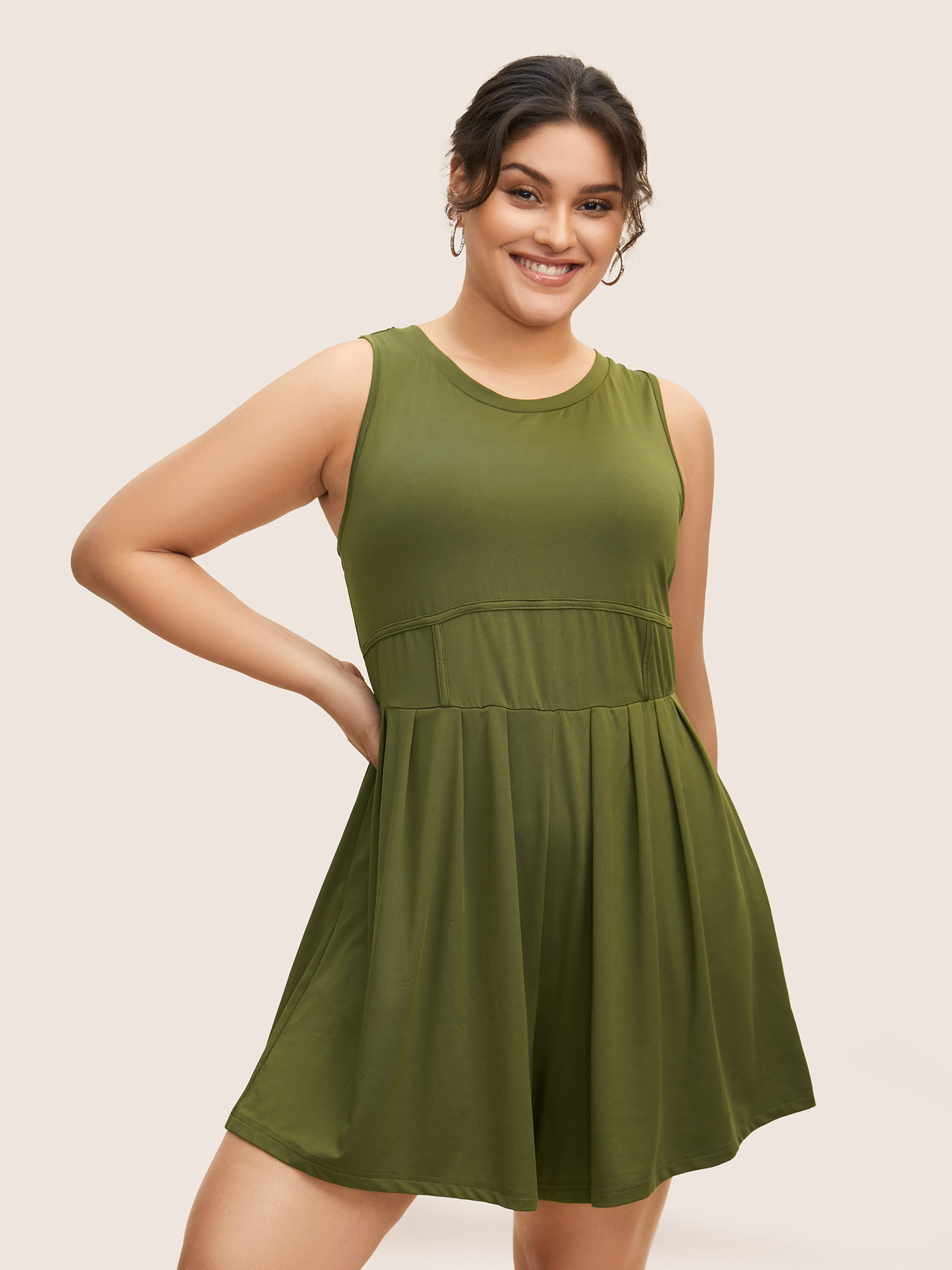 

Plus Size Plain Round Neck Cinching Waist Romper ArmyGreen Side seam pocket Casual Everyday  Rompers Bloomchic