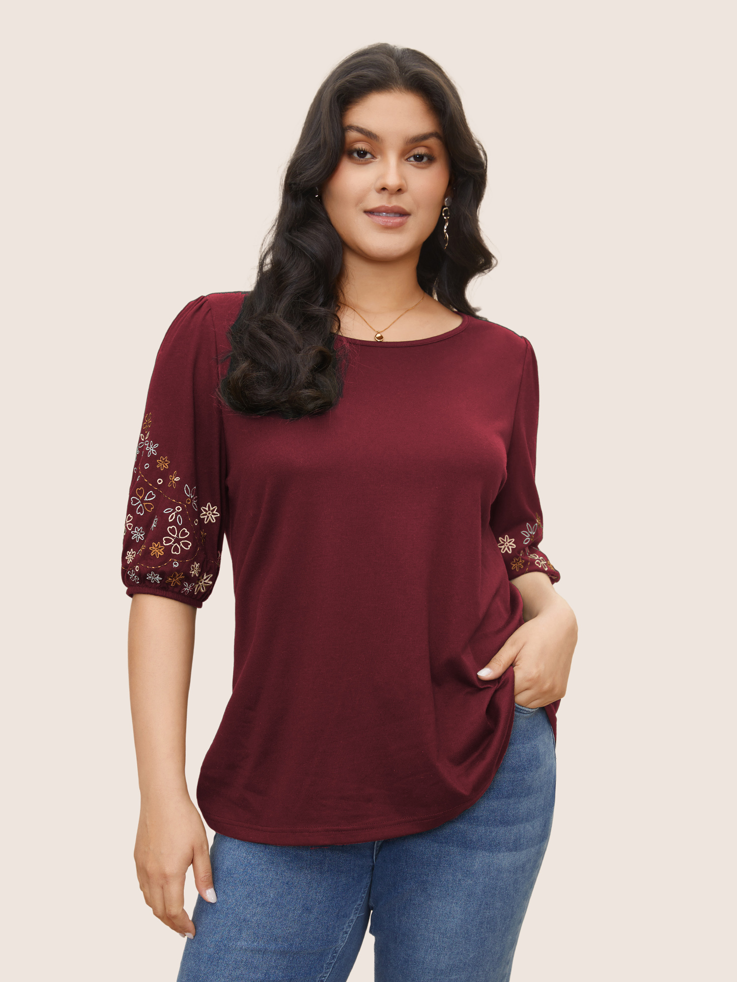 

Plus Size Floral Embroidered Crew Neck Puff Sleeve T-shirt Burgundy Women Elegant Embroidered Round Neck Everyday T-shirts BloomChic