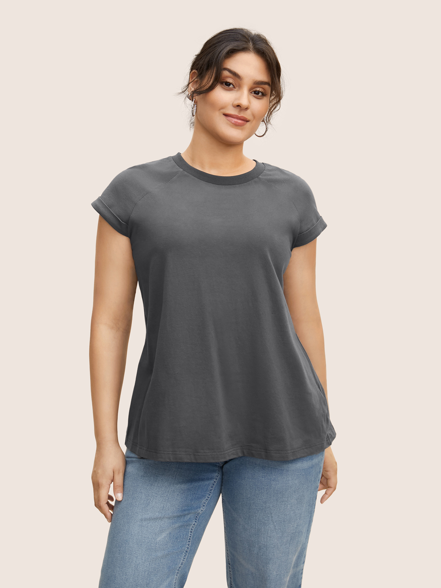 

Plus Size Cotton Solid Crew Neck Roll Sleeve T-shirt DimGray Women Casual Roll Hem Round Neck Everyday T-shirts BloomChic