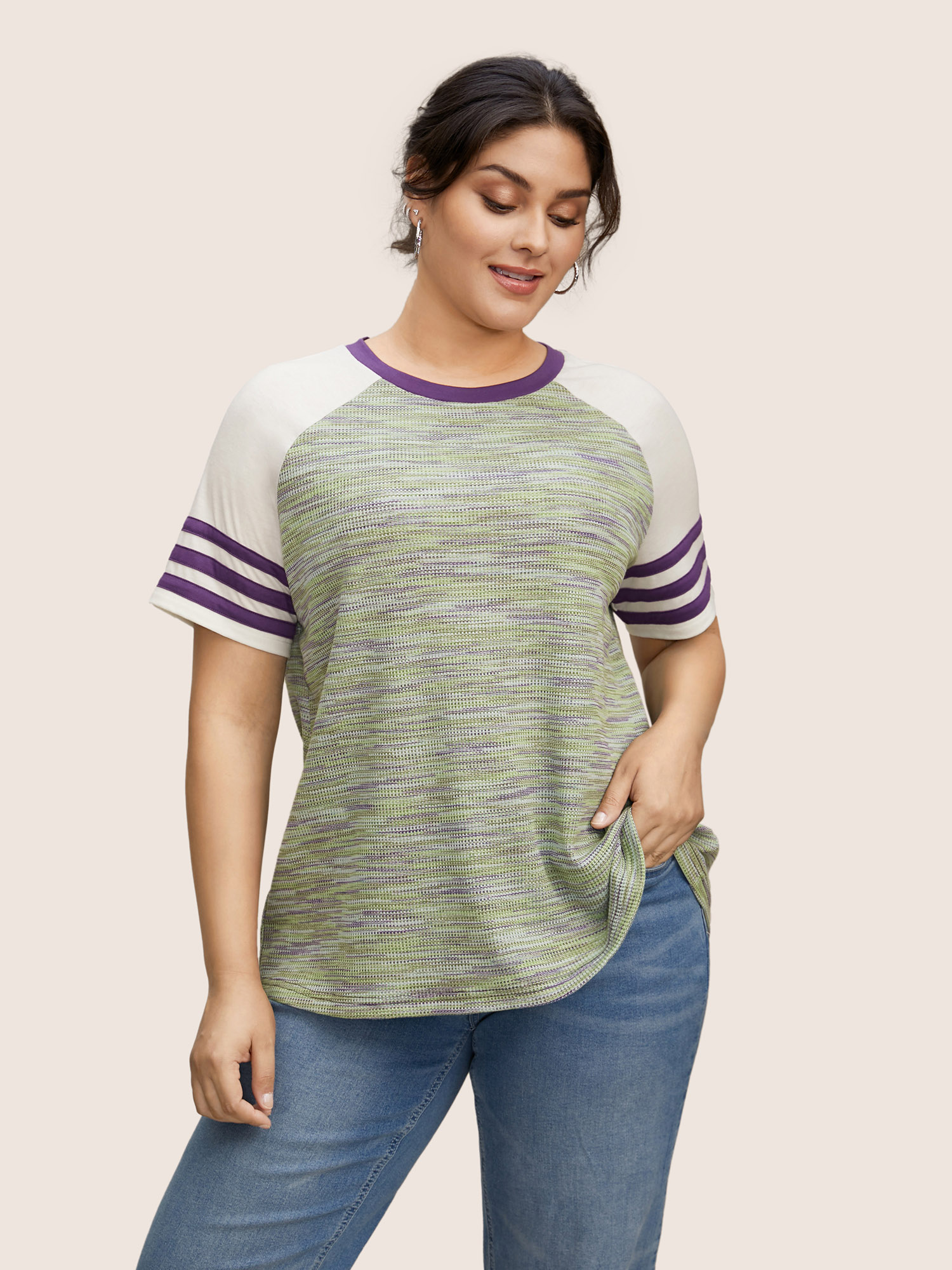 

Plus Size Contrast Striped Patchwork Raglan Sleeve T-shirt Multicolor Women Casual Texture Round Neck Everyday T-shirts BloomChic