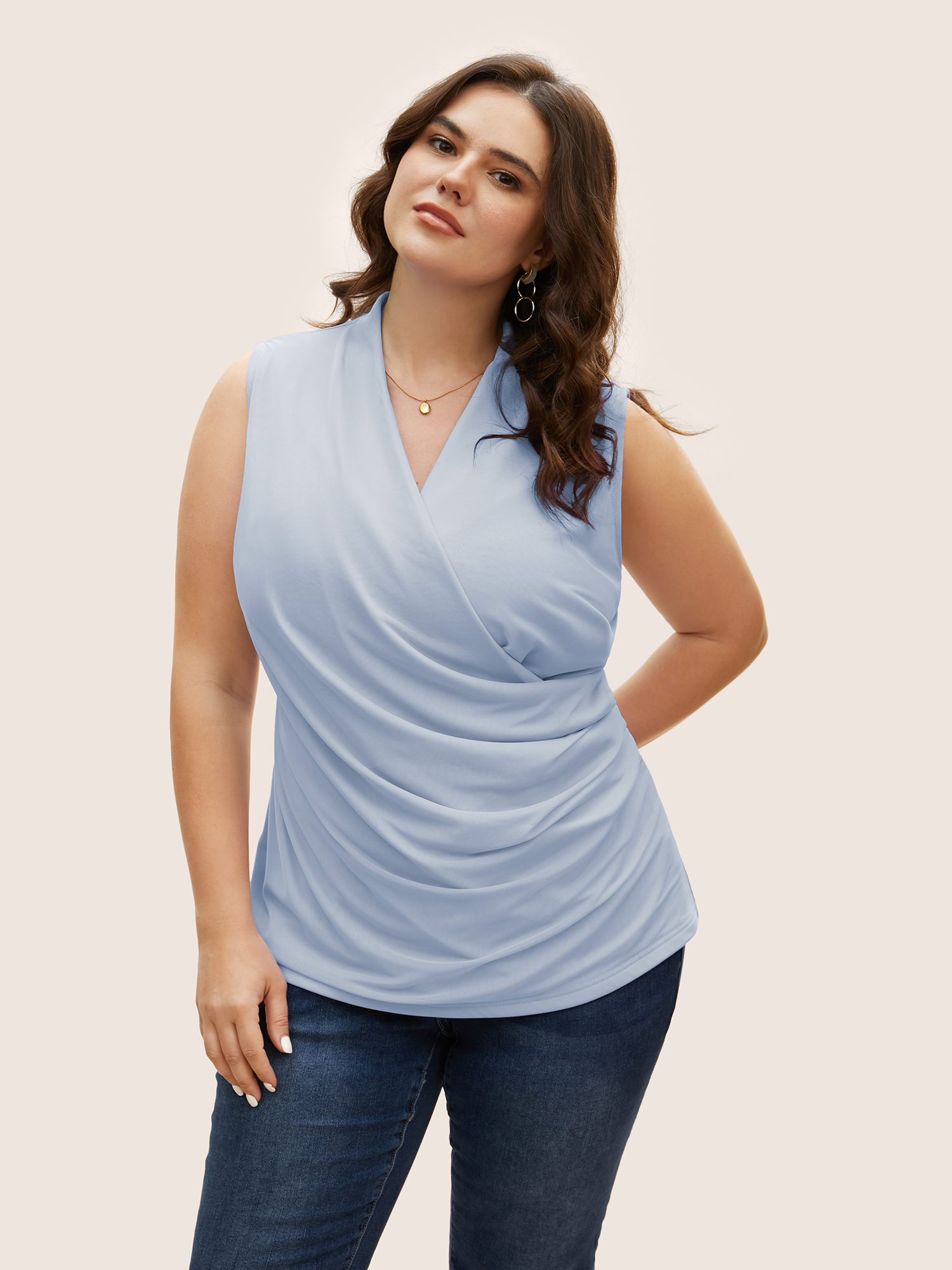 

Plus Size Overlap Collar Solid Pleated Tank Top Women LightBlue Elegant Pleated Overlap Collar Everyday Tank Tops Camis BloomChic