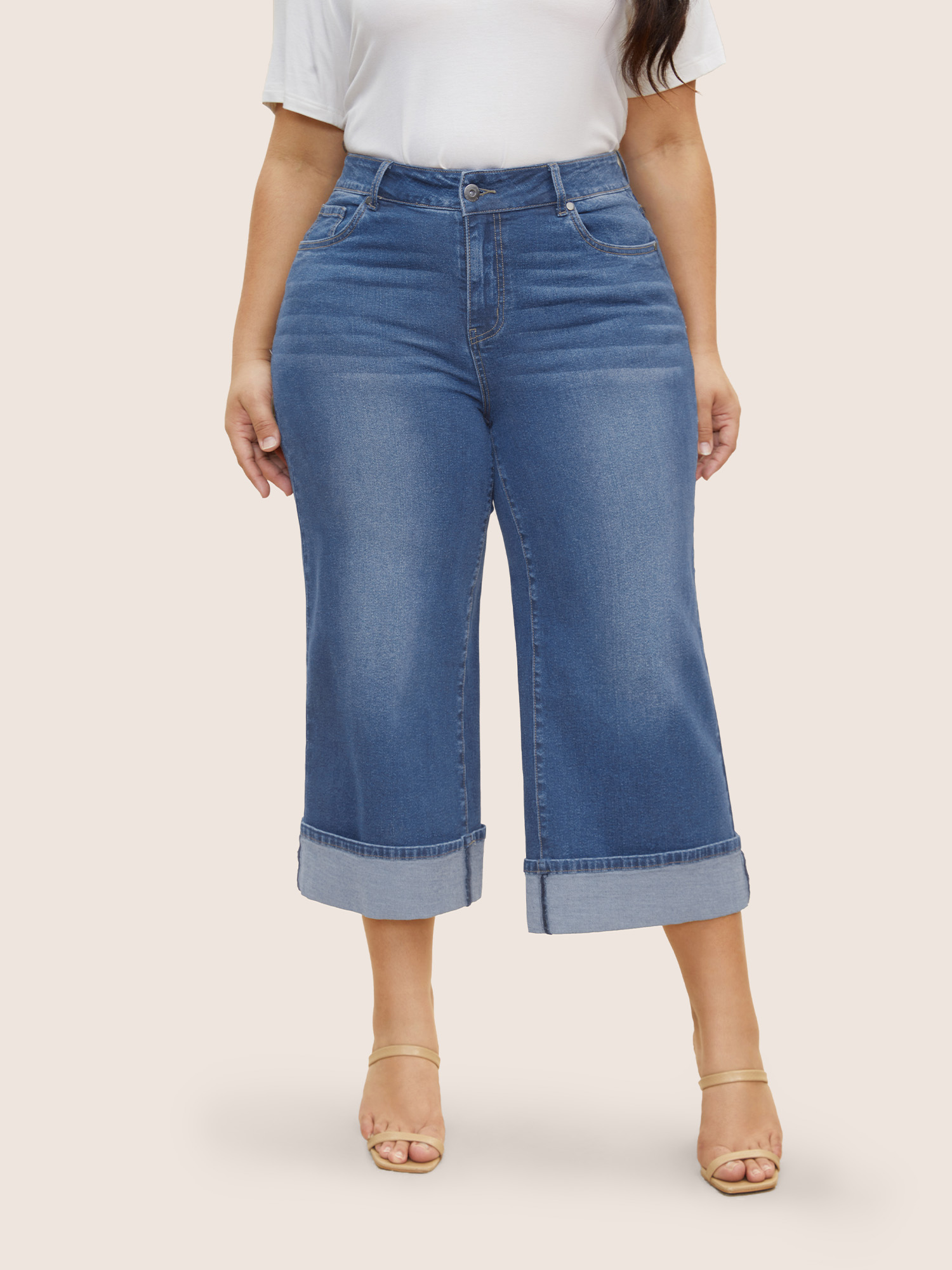 

Plus Size Dark Wash Roll Hem Cropped Wide Leg Jeans Women Midblue Casual High stretch Slanted pocket Jeans BloomChic