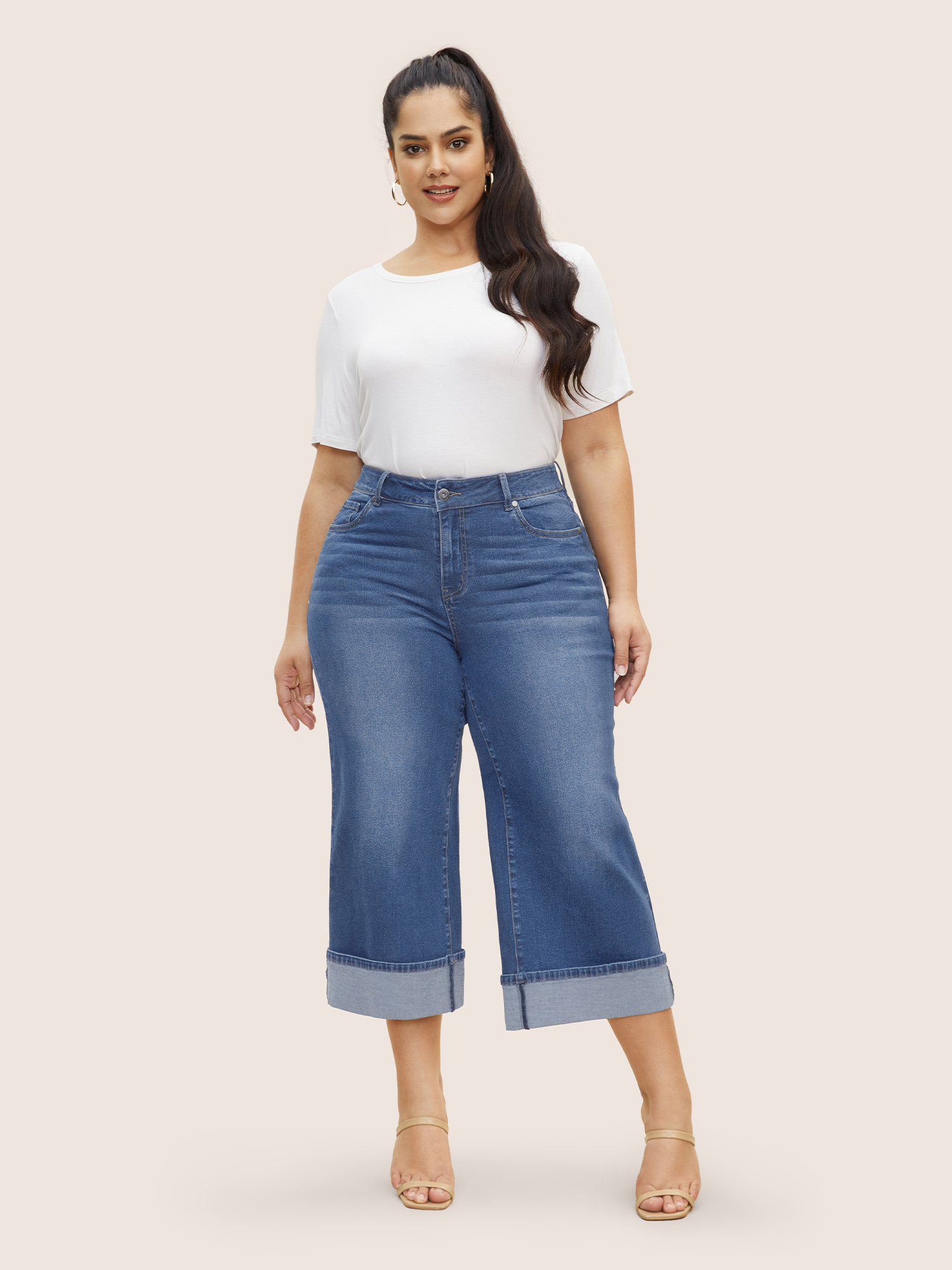 

Plus Size Dark Wash Roll Hem Cropped Wide Leg Jeans Women Midblue Casual High stretch Slanted pocket Jeans BloomChic
