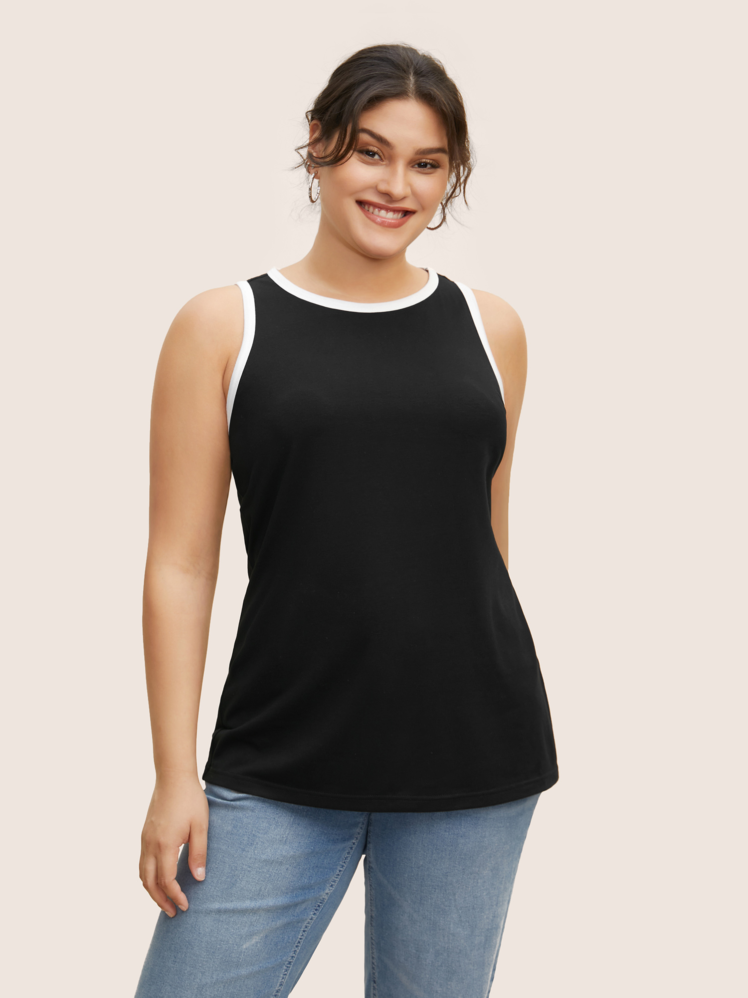 

Plus Size Round Neck Contrast Trim Tank Top Women Black Casual Contrast Round Neck Everyday Tank Tops Camis BloomChic