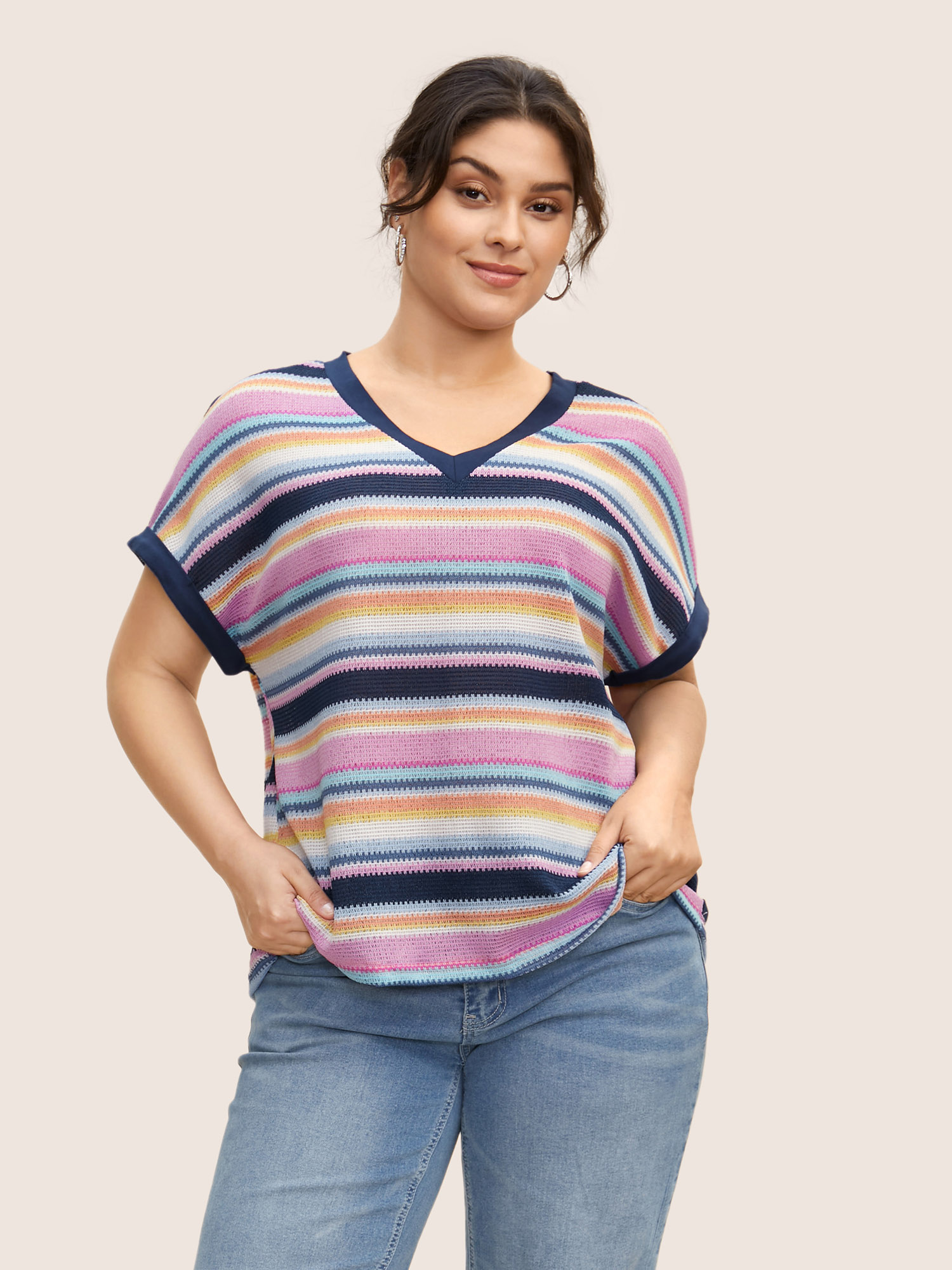 

Plus Size Contrast Striped Dolman Sleeve Knit T-shirt Multicolor Women Casual Contrast V-neck Everyday T-shirts BloomChic