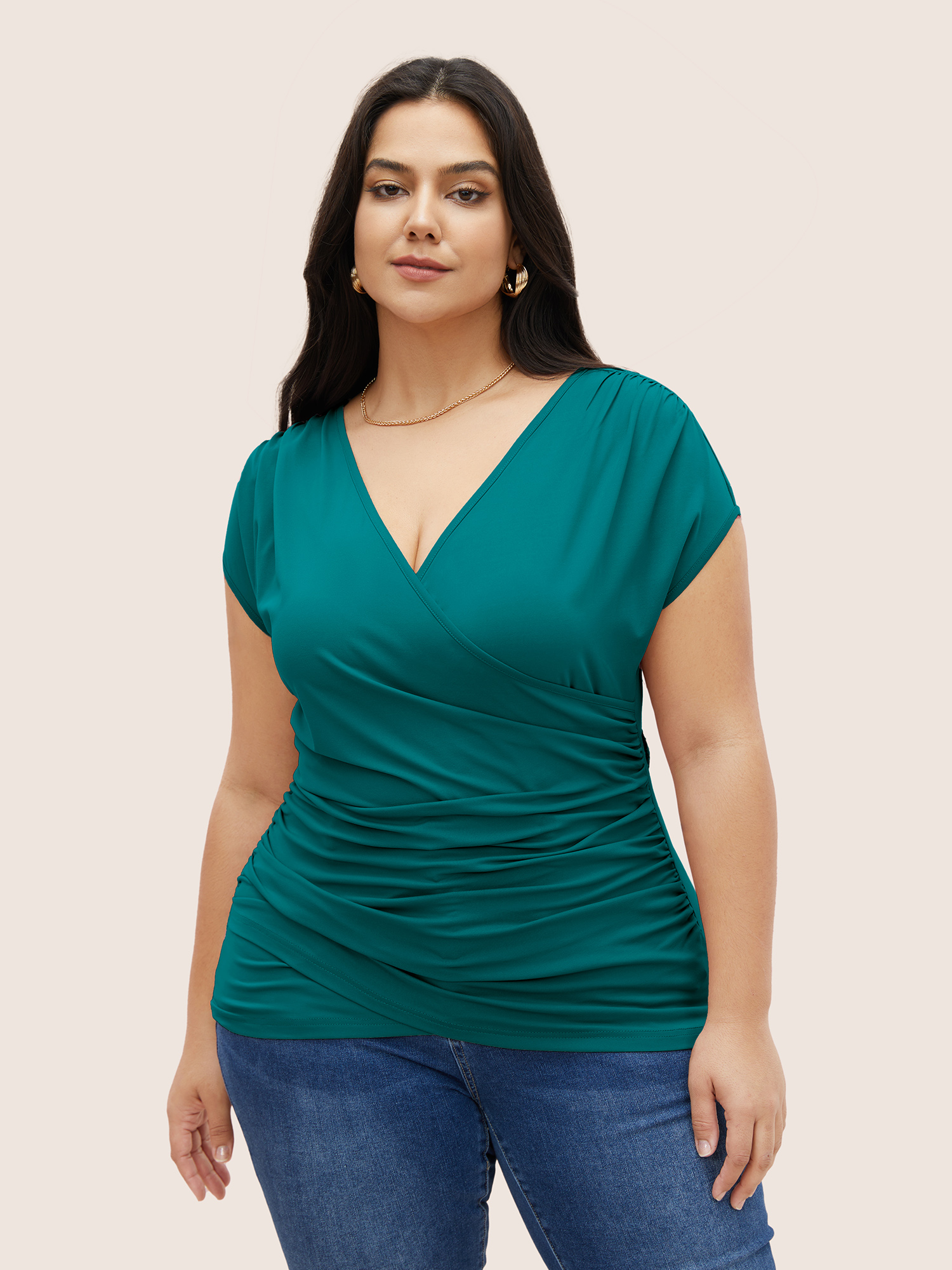 

Plus Size Plain Ruched Overlap Collar Dolman Sleeve Knit Top Teal Women Elegant Overlapping Deep V-neck Everyday T-shirts BloomChic