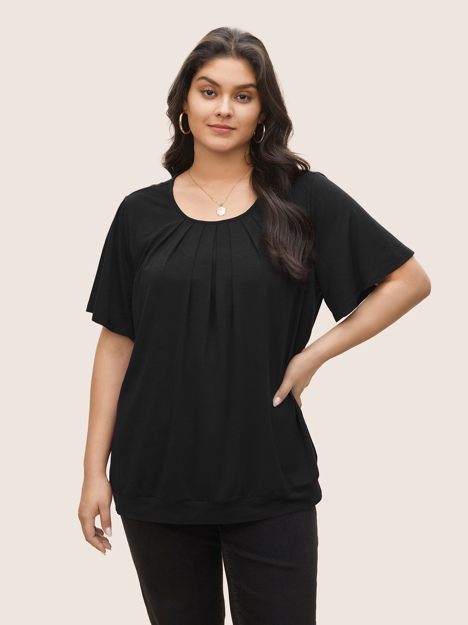 

Plus Size Solid Plicated Detail Flutter Sleeve T-shirt Black Women Elegant Non Plain Round Neck Everyday T-shirts BloomChic