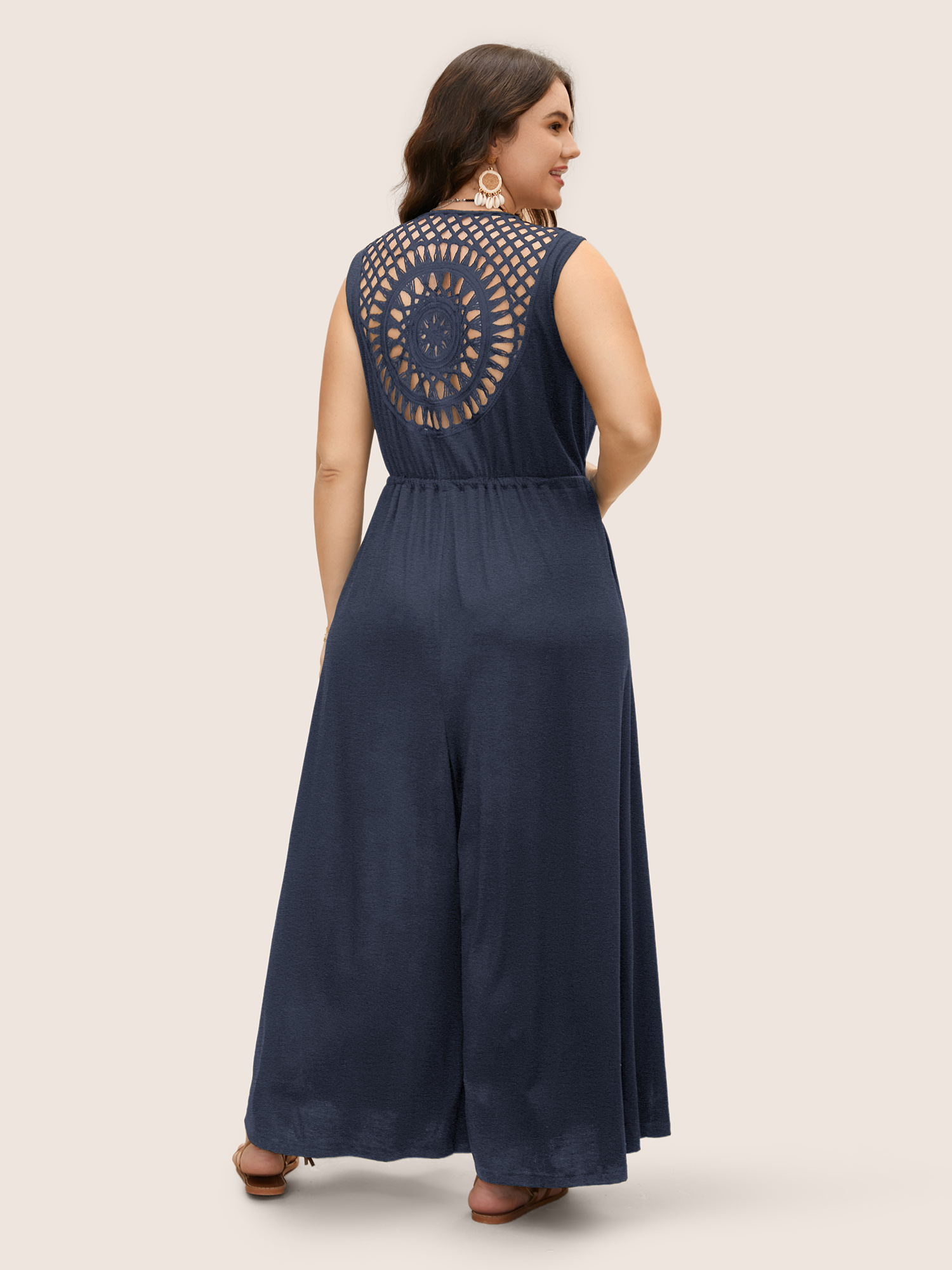 

Plus Size Navy V Neck Crocheted Cut Out Jumpsuit Women Resort Sleeveless V-neck Vacation Loose Jumpsuits BloomChic