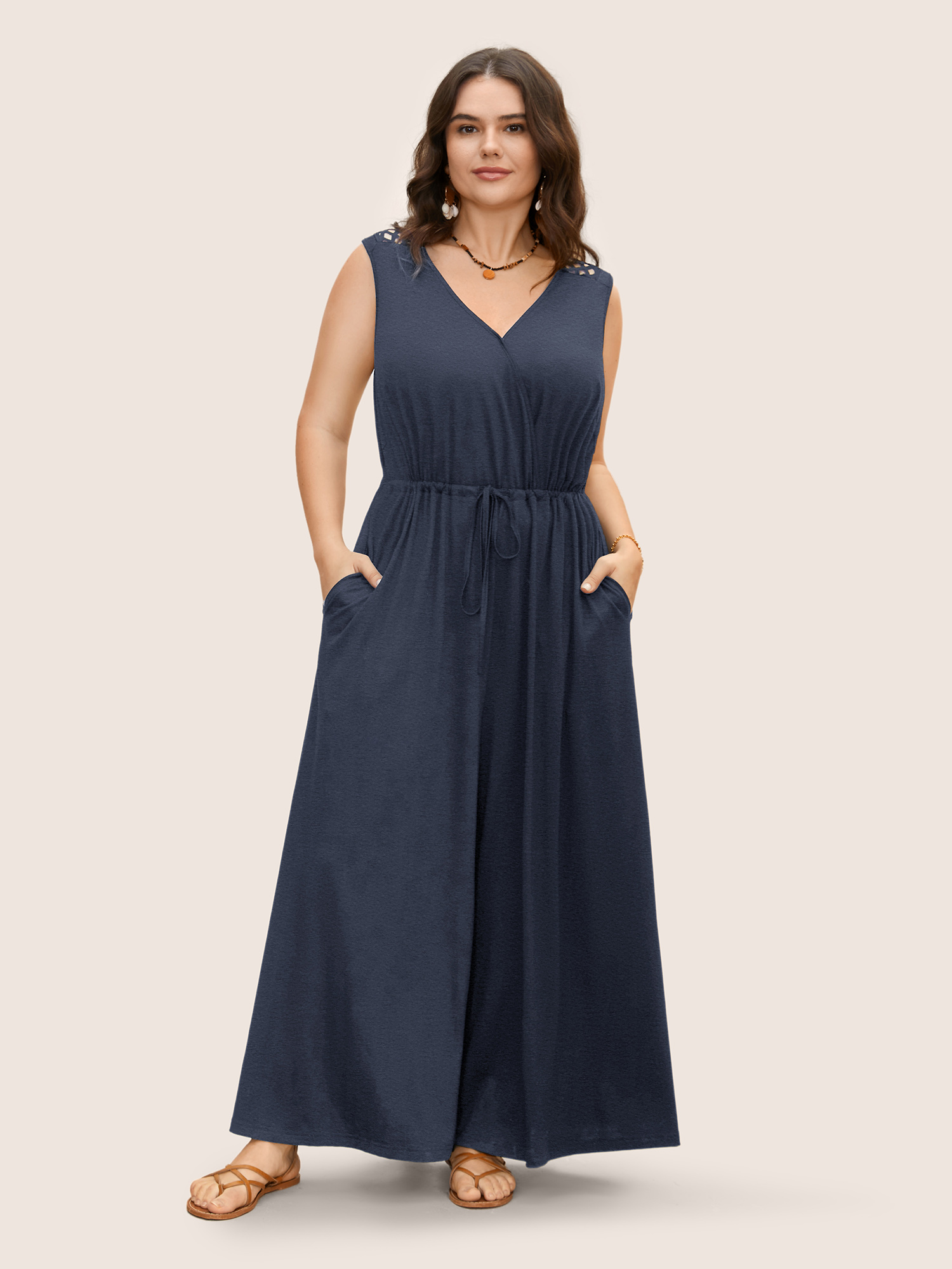 

Plus Size Navy V Neck Crocheted Cut Out Jumpsuit Women Resort Sleeveless V-neck Vacation Loose Jumpsuits BloomChic