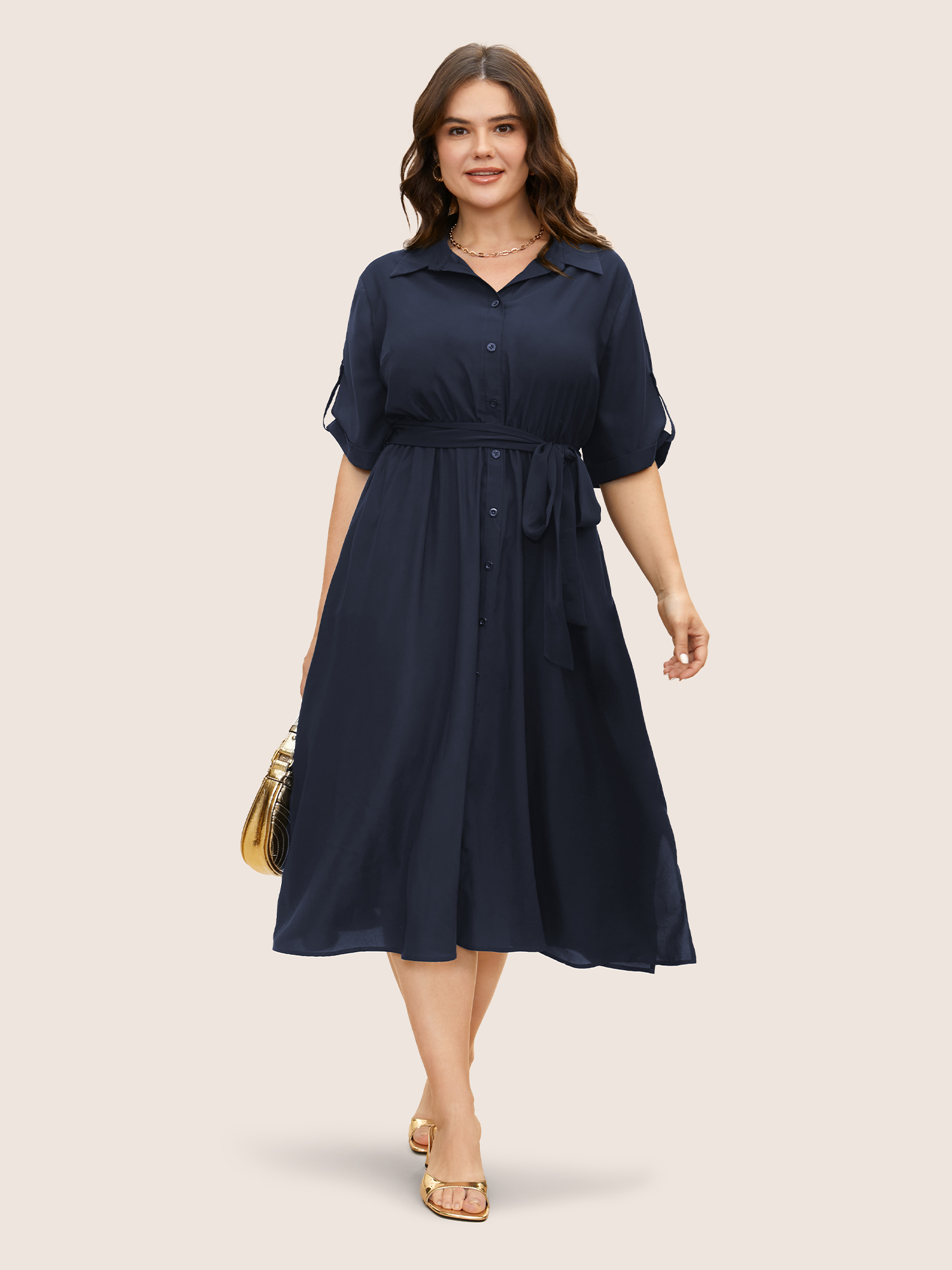 

Plus Size Shirt Collar Tab Sleeve Split Hem Dress Indigo Women Belted Shirt collar Half Sleeve Curvy BloomChic