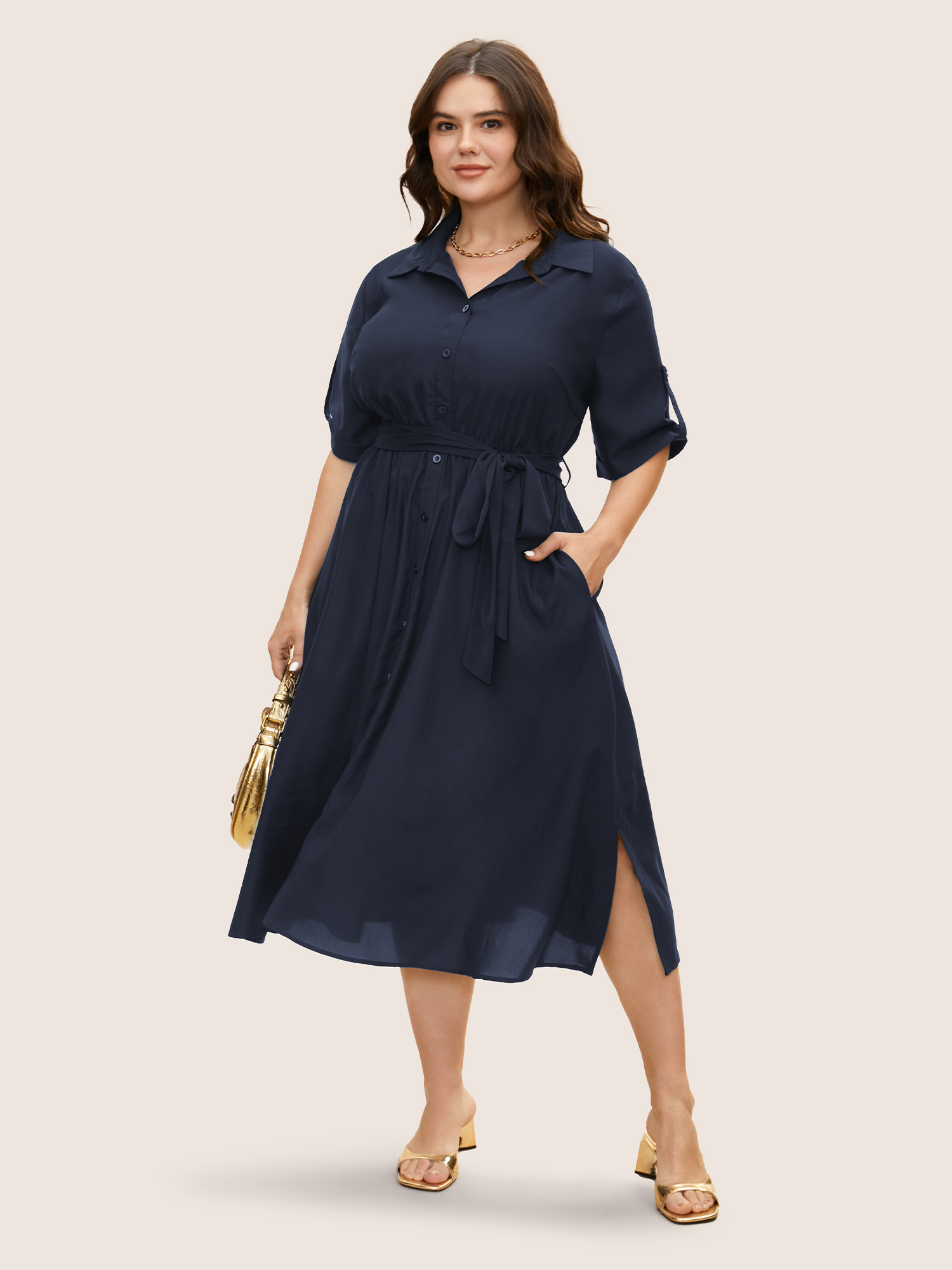 

Plus Size Shirt Collar Tab Sleeve Split Hem Dress Indigo Women At the Office Belted Shirt collar Half Sleeve Curvy BloomChic