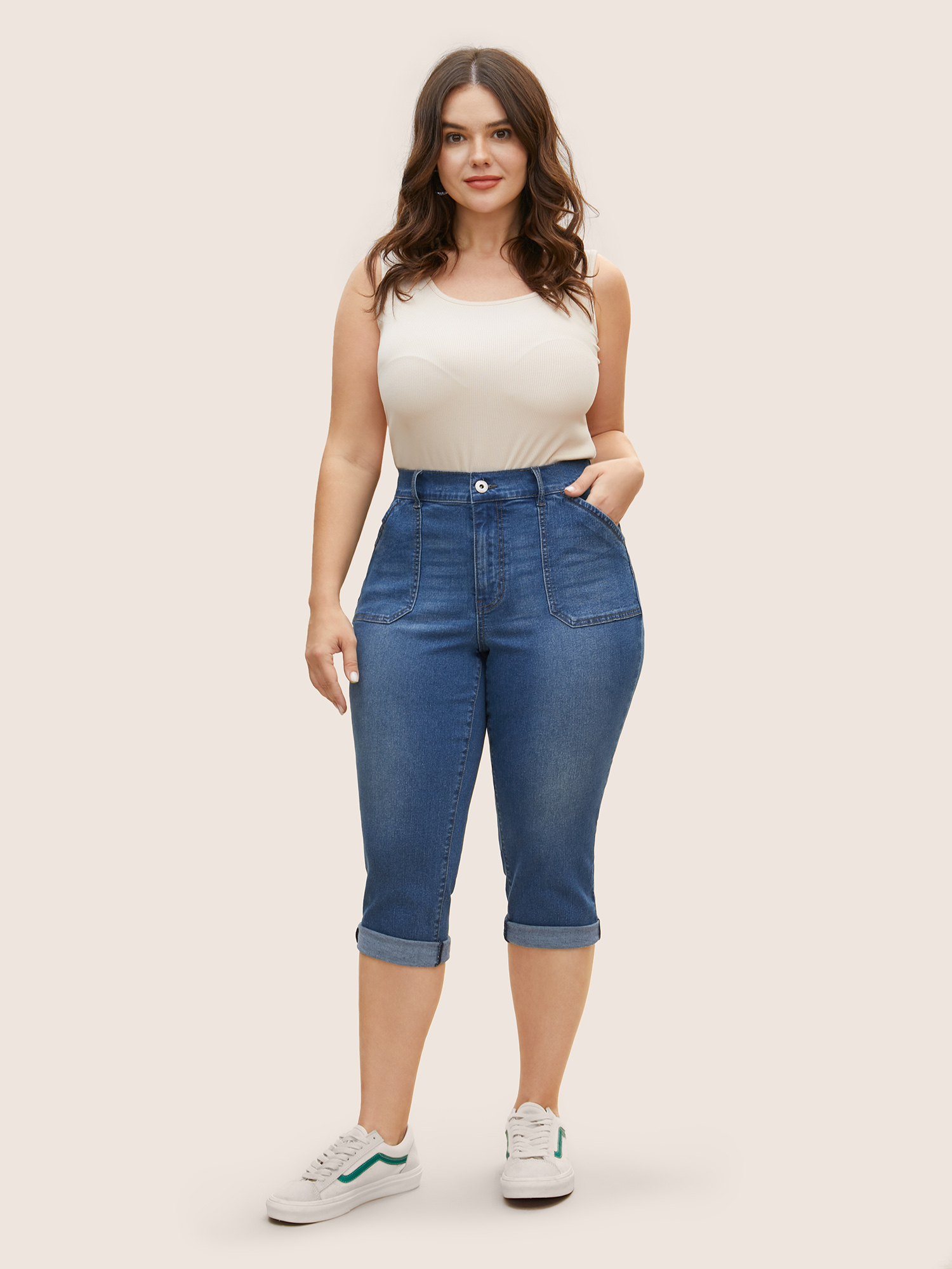 

Plus Size Medium Wash Roll Hem Pull On Jegging Jeans Women Denimblue Casual Roll Hem Medium stretch Slanted pocket Jeans BloomChic