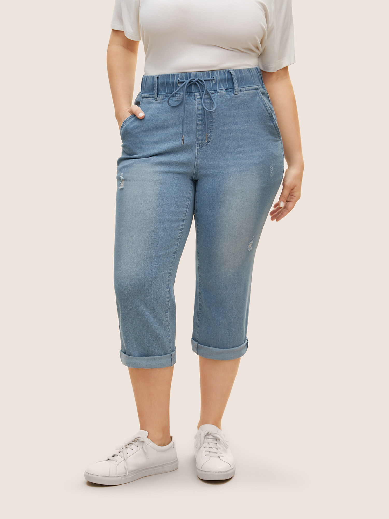 

Plus Size Drawstring Roll Hem Distressed Cropped Jeans Women Denimlightblue Casual Roll Hem Medium stretch Slanted pocket Jeans BloomChic