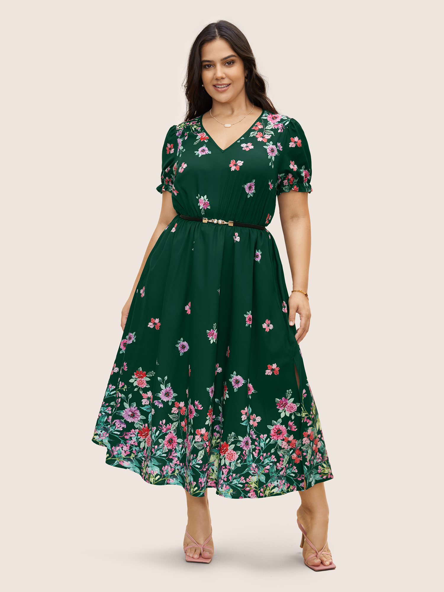 

Plus Size Boho Print V Neck Elastic Waist Dress DarkGreen Women Elegant Gathered V-neck Short sleeve Curvy BloomChic