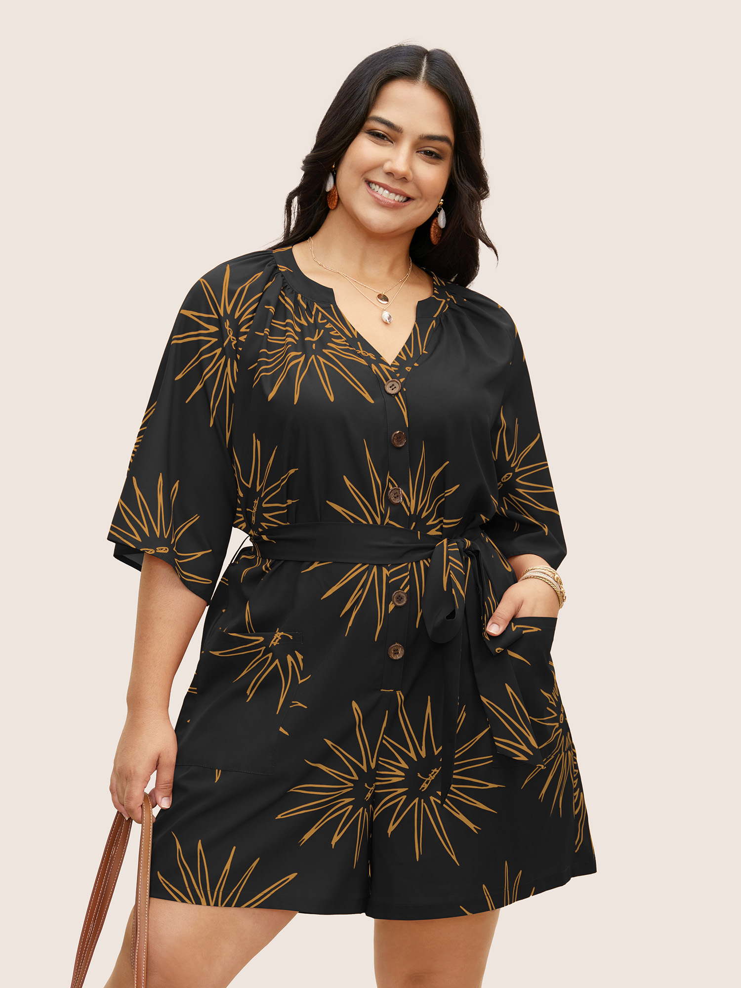 

Plus Size Black Sun Print Gathered Button Up Jumpsuit Women Resort Half Sleeve Flat collar with V-notch Vacation Loose Jumpsuits BloomChic