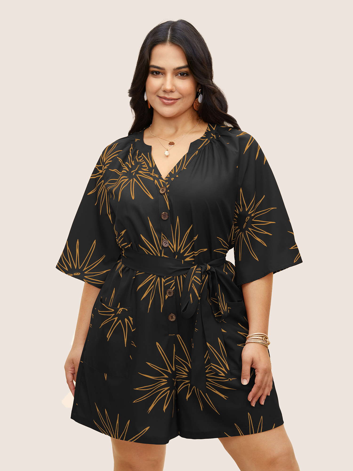 

Plus Size Black Sun Print Gathered Button Up Jumpsuit Women Resort Half Sleeve Flat collar with V-notch Vacation Loose Jumpsuits BloomChic