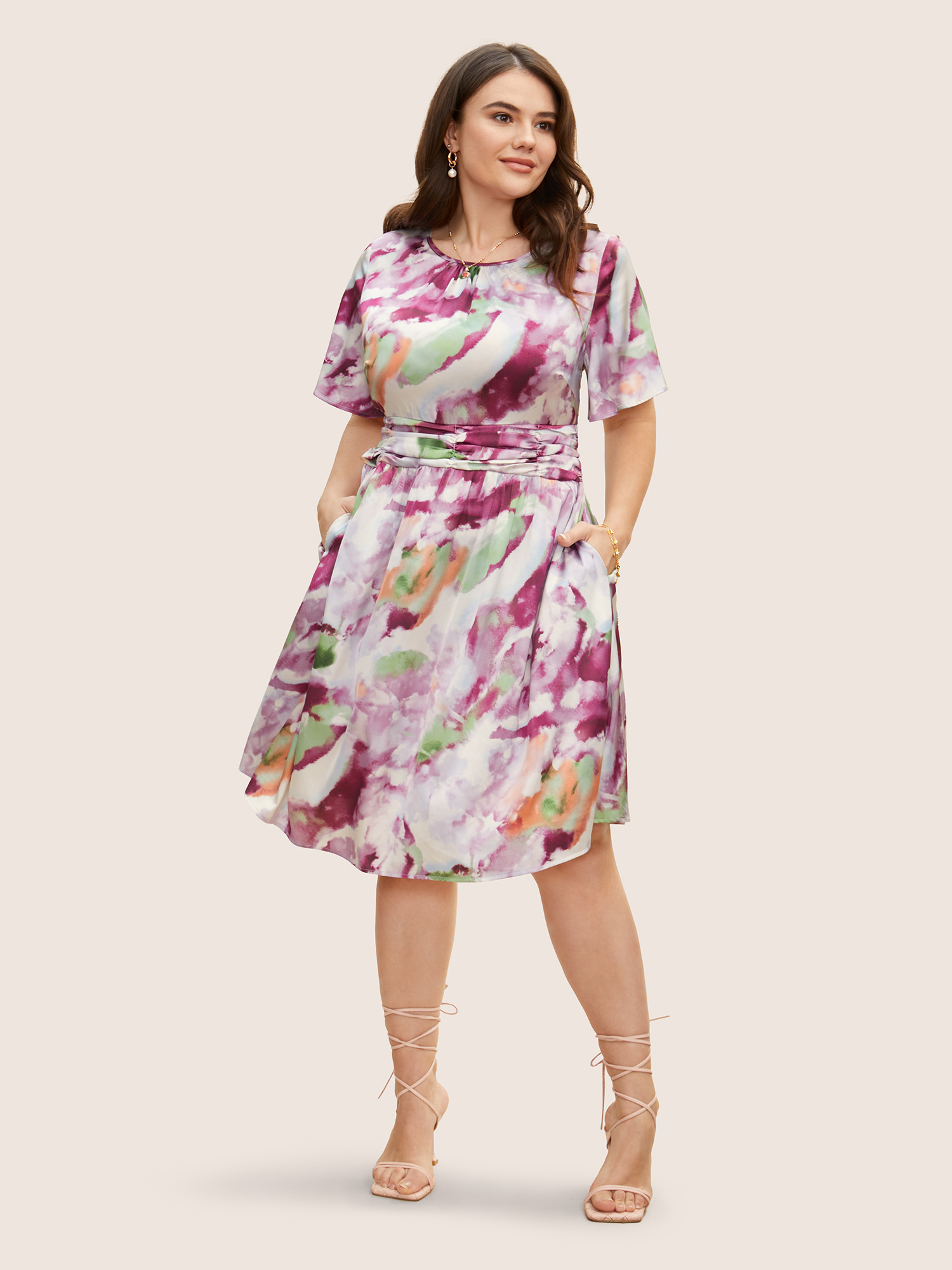 

Plus Size Watercolor Floral Print Ruched Ruffle Sleeve Dress Lilac Women Gathered Round Neck Short sleeve Curvy BloomChic