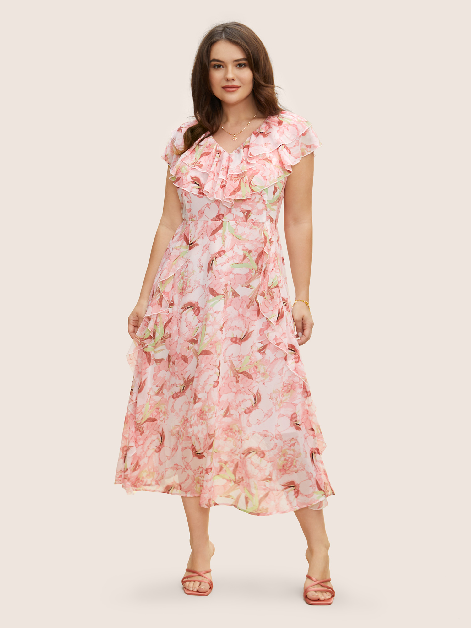 

Plus Size Chiffon Floral Tiered Ruffles Split Hem Dress Nudepink Women Slit V-neck Sleeveless Curvy BloomChic