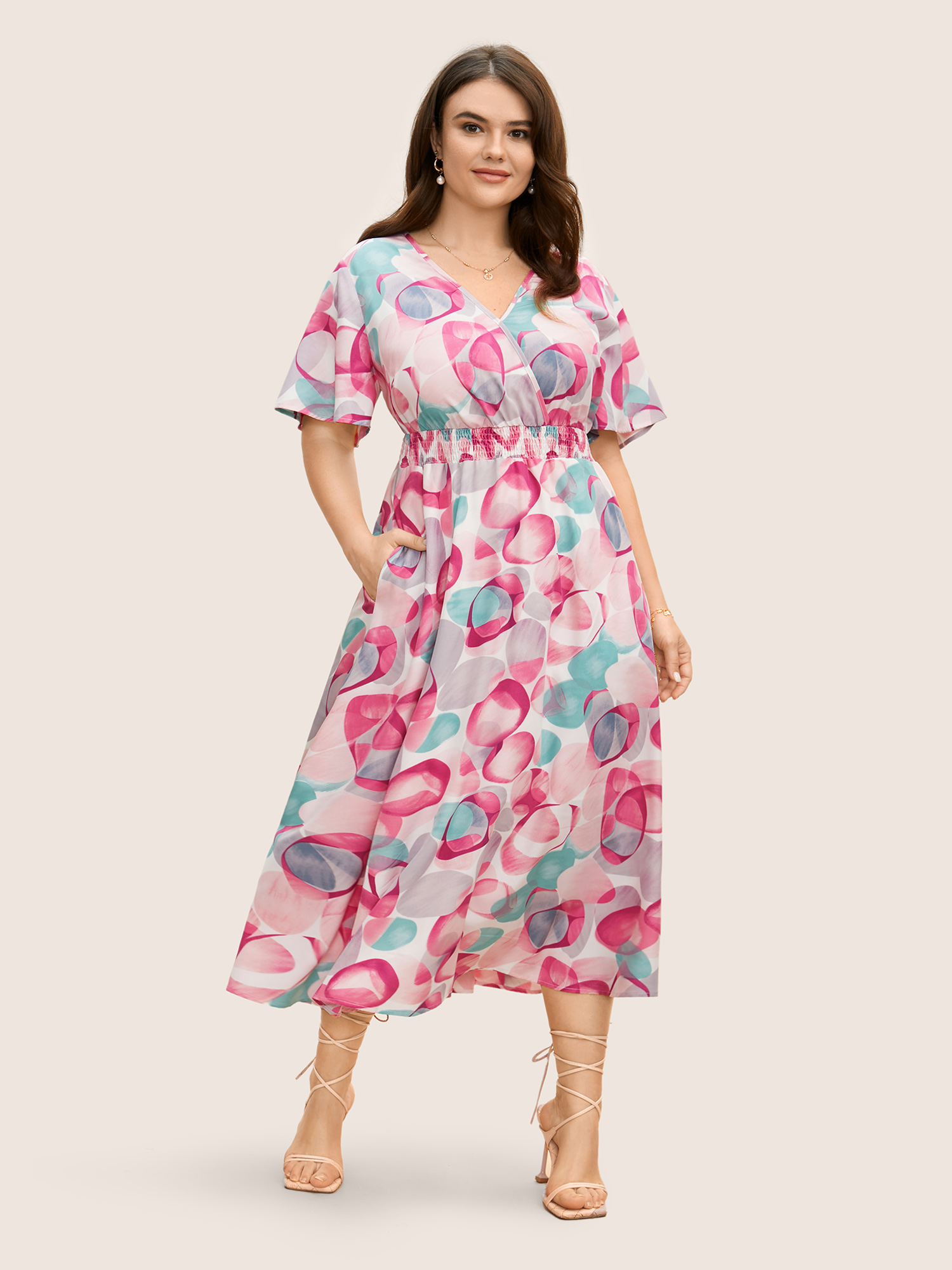 

Plus Size Asymmetrical Colorblock Overlap Collar Midi Dress Multicolor Women Shirred Overlap Collar Short sleeve Curvy BloomChic