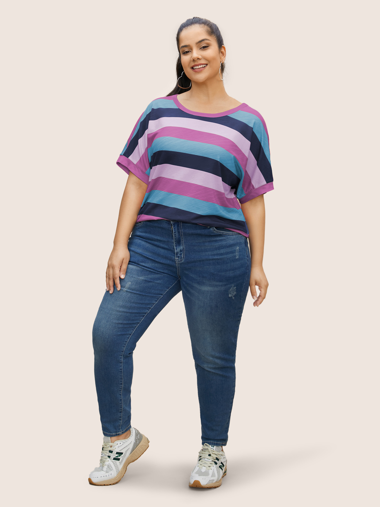Plus Size Colored Striped Crew Neck Batwing Sleeve T-shirt Lilac Women Casual Contrast Round Neck Everyday T-shirts BloomChic 30/6X 