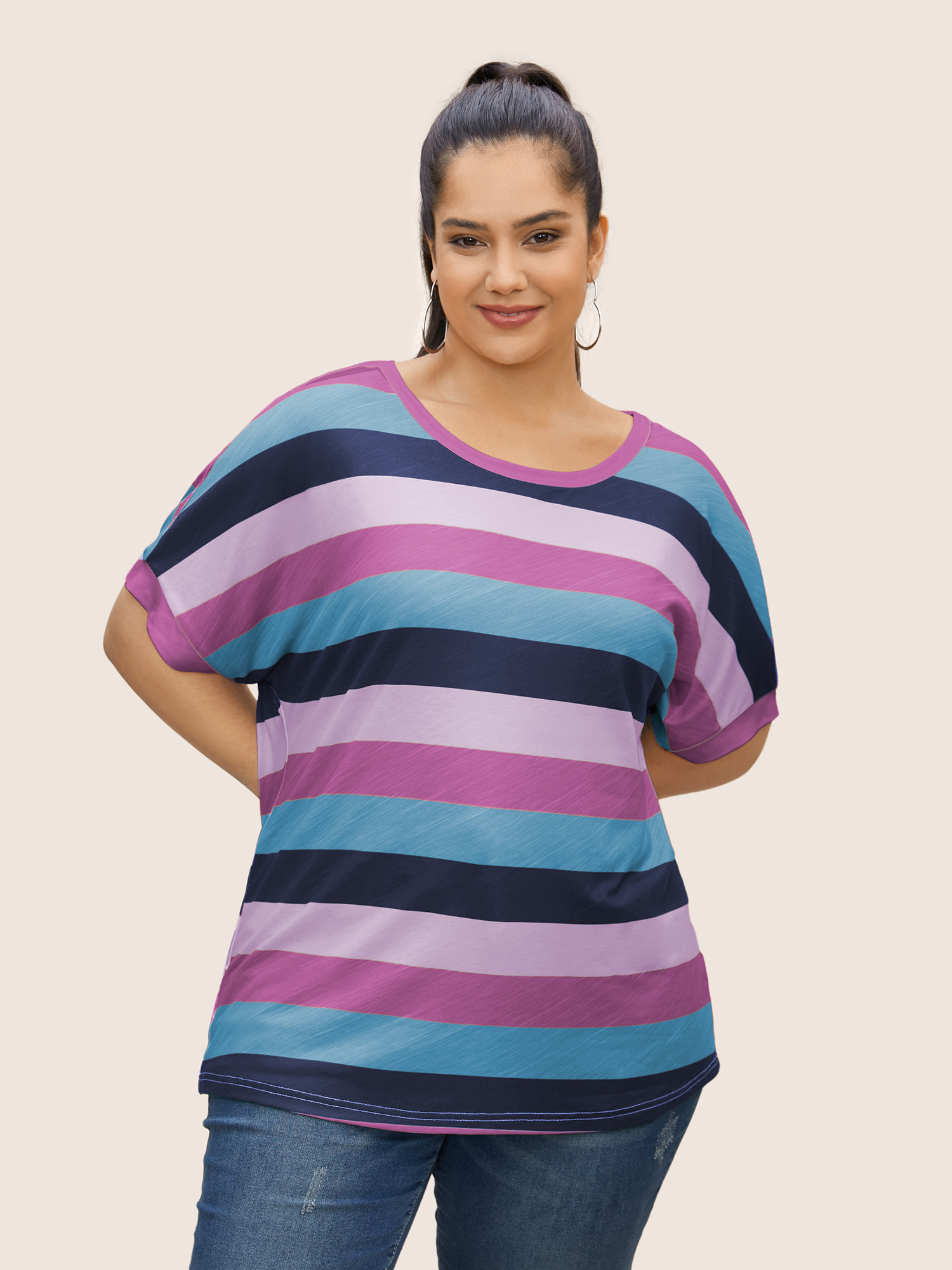 Plus Size Colored Striped Crew Neck Batwing Sleeve T-shirt Lilac Women Casual Contrast Round Neck Everyday T-shirts BloomChic 30/6X 