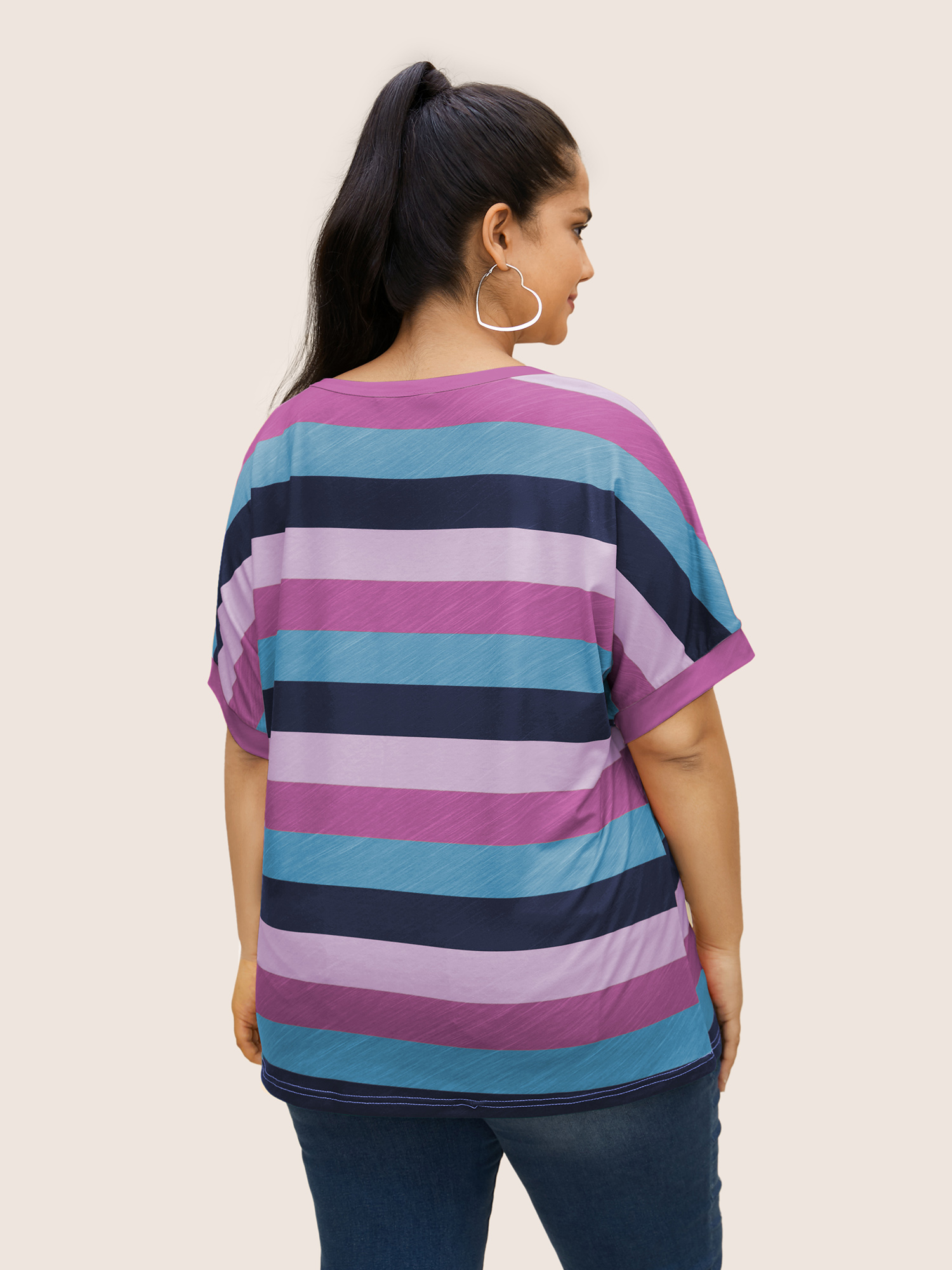 

Plus Size Colored Striped Crew Neck Batwing Sleeve T-shirt Lilac Women Casual Contrast Round Neck Everyday T-shirts BloomChic