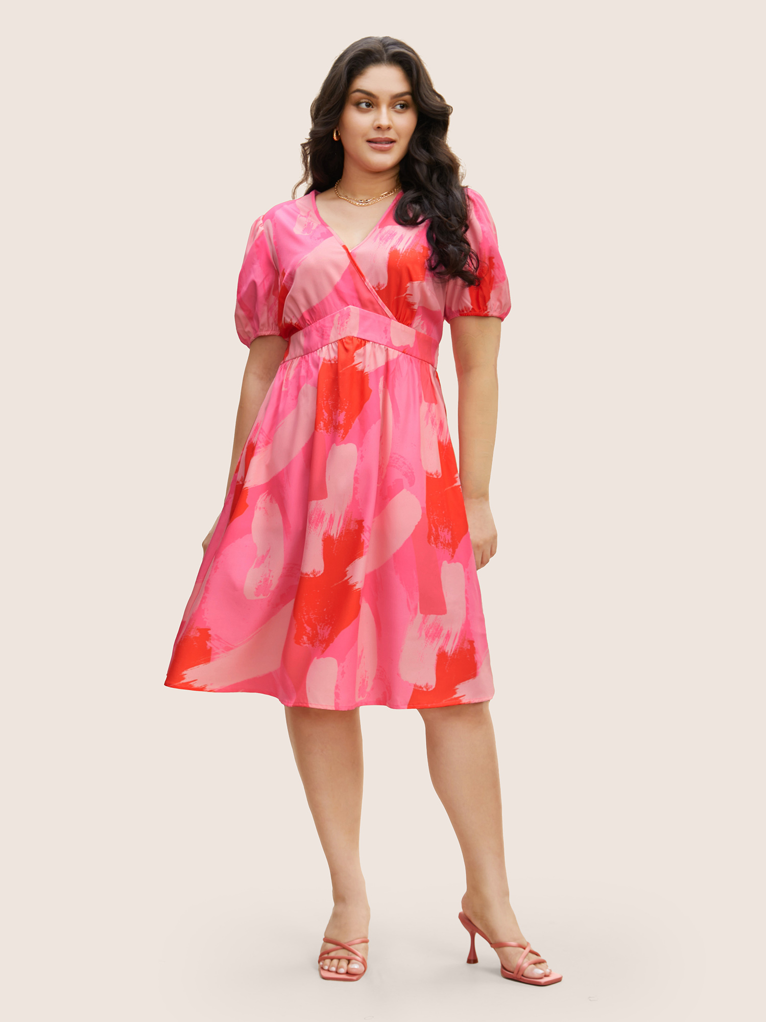 

Plus Size Brush Print Wrap Shirred Lantern Sleeve Dress Blush Women Elegant Shirred V-neck Short sleeve Curvy BloomChic