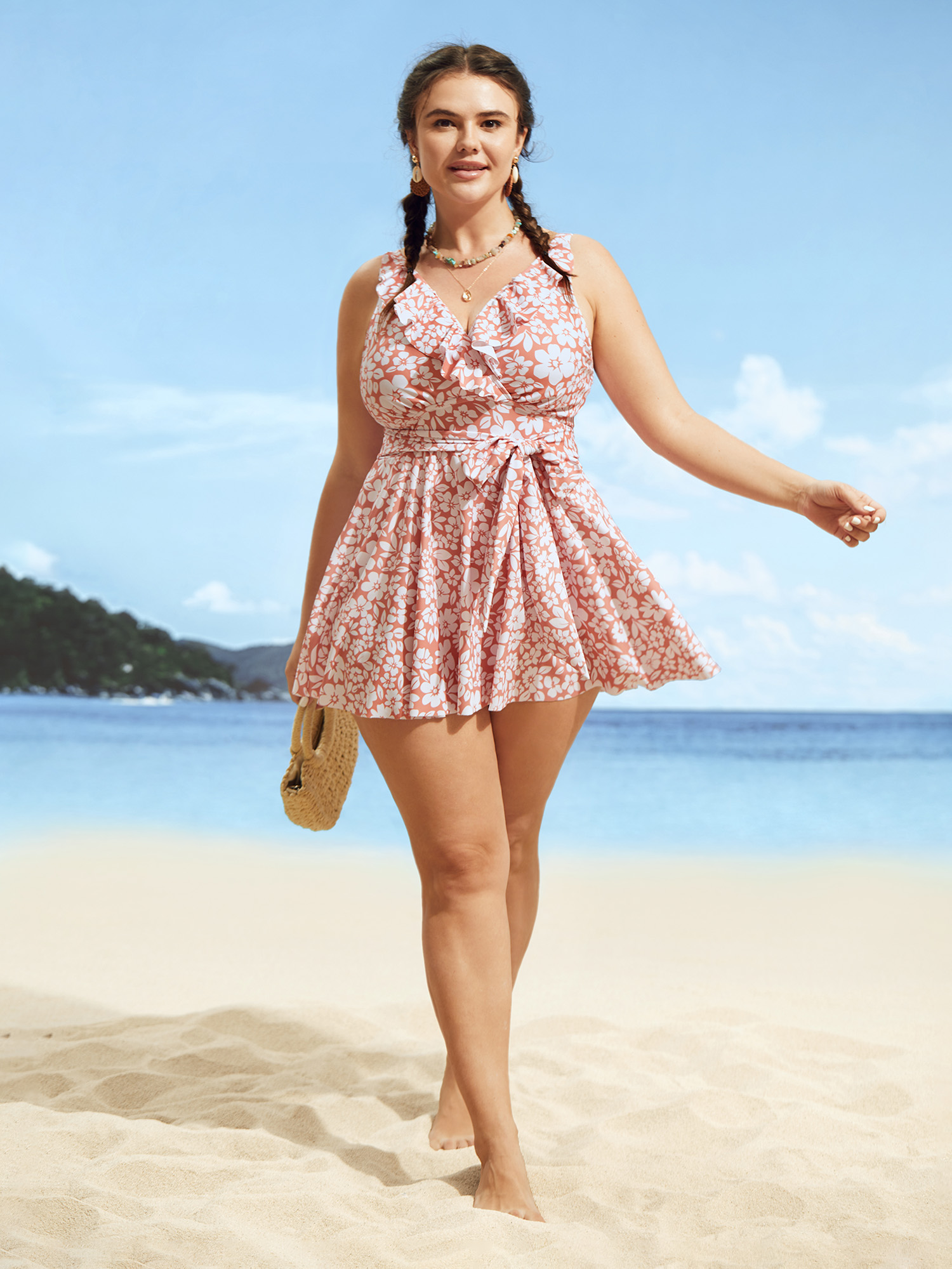 Plus Size Floral Tie Knot Patchwork Ruffles Swim Dress Women`s Swimwear Coral Beach Bodycon Overlap Collar High stretch Curve Swim Dresses BloomChic 12/L 