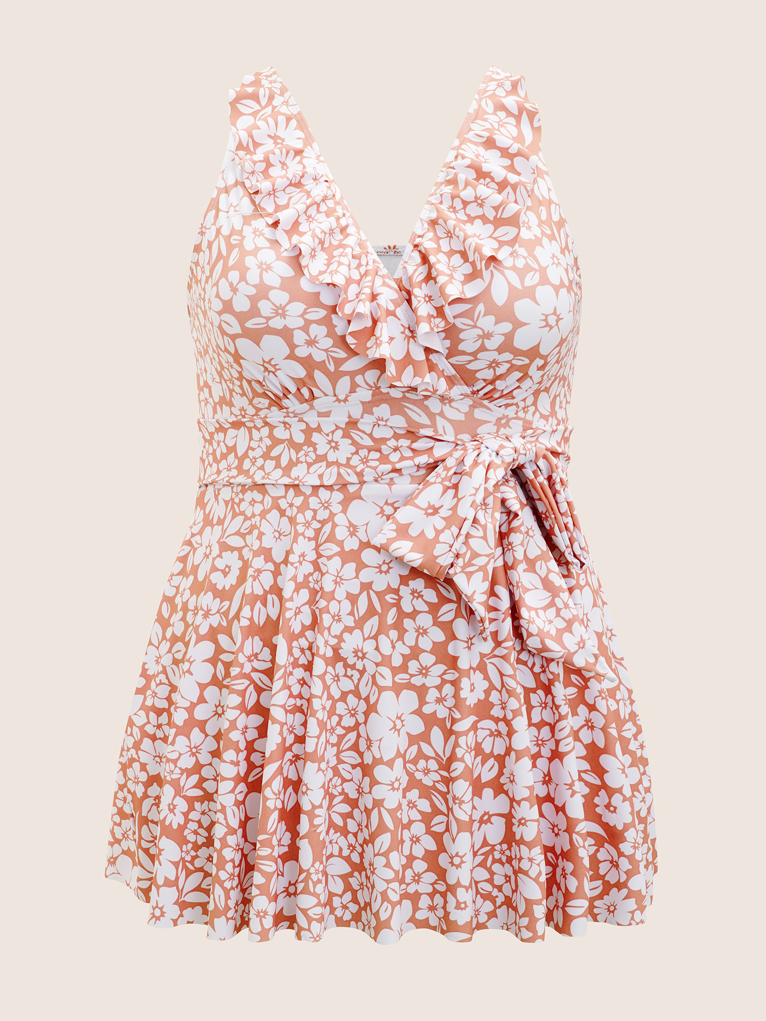 Plus Size Floral Tie Knot Patchwork Ruffles Swim Dress Women`s Swimwear Coral Beach Bodycon Overlap Collar High stretch Curve Swim Dresses BloomChic 12/L 