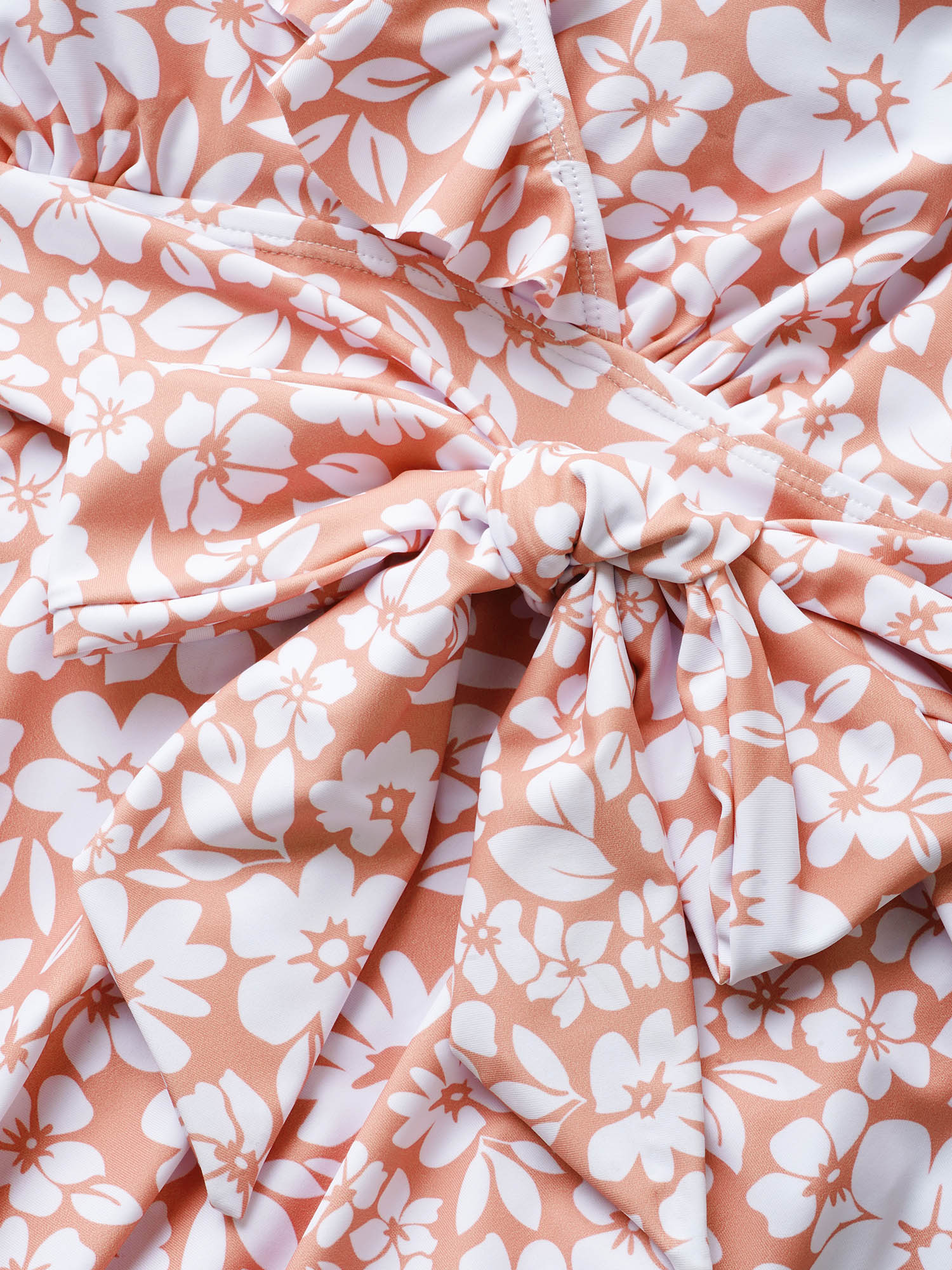 Plus Size Floral Tie Knot Patchwork Ruffles Swim Dress Women`s Swimwear Coral Beach Bodycon Overlap Collar High stretch Curve Swim Dresses BloomChic 12/L 