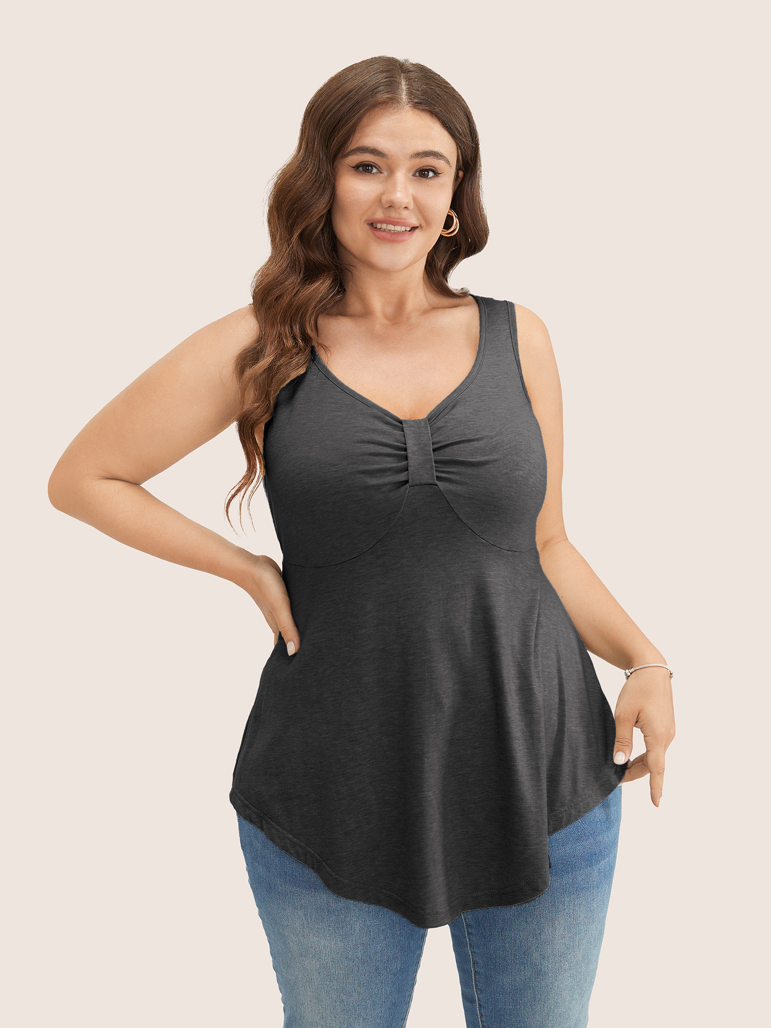 

Plus Size Solid Ruched Detail Asymmetrical Hem Tank Top Women DimGray Elegant Gathered Heart neckline Everyday Tank Tops Camis BloomChic