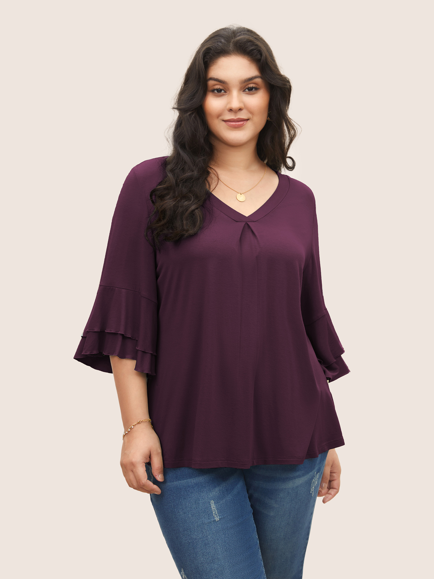 

Plus Size Supersoft Essentials Ruffle Layered Sleeve Pleated T-shirt Plum Women Elegant Non Plain Non Everyday T-shirts BloomChic