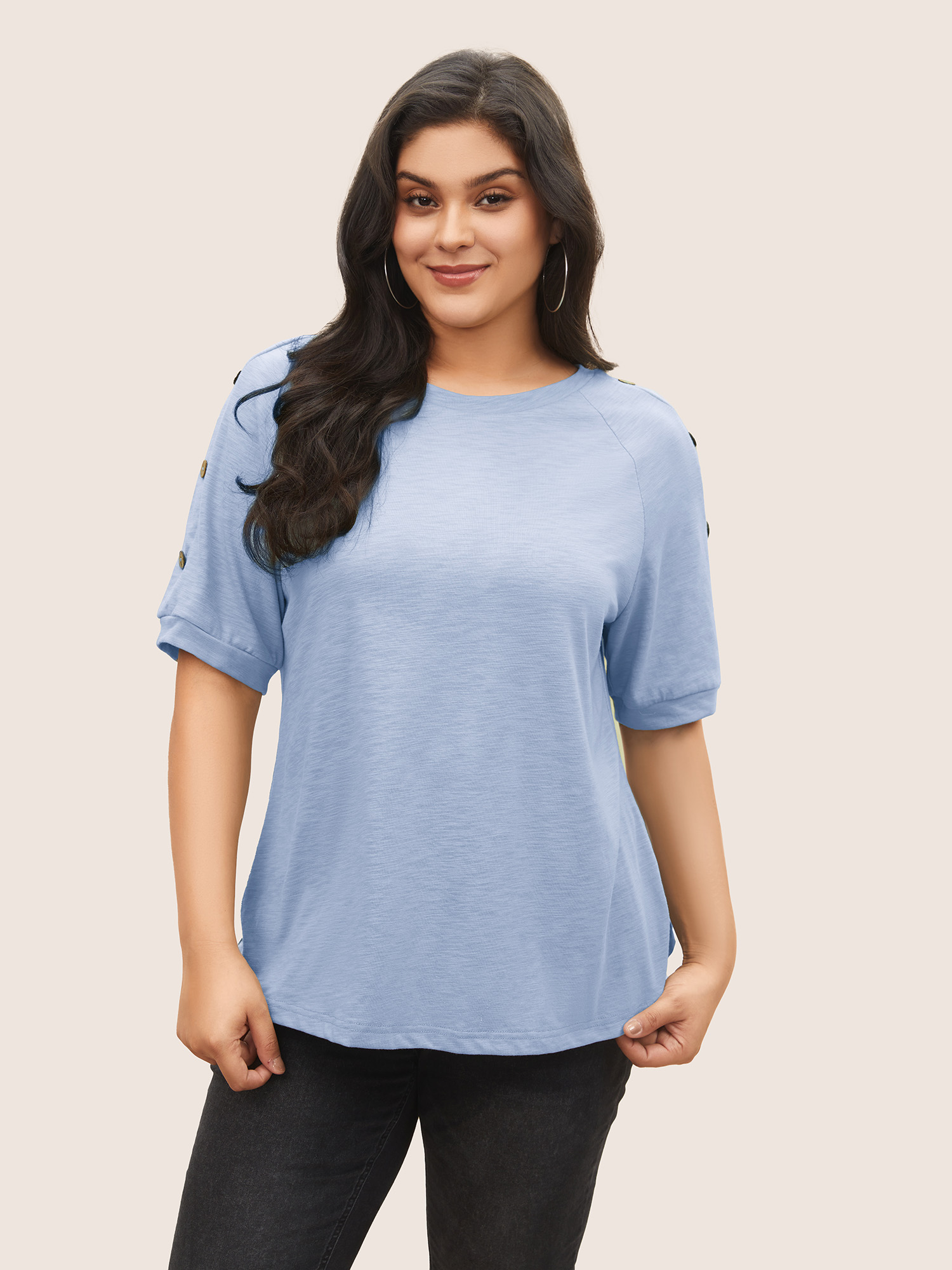 

Plus Size Plain Button Detail Raglan Sleeve T-shirt LightBlue Women Casual Non Plain Non Everyday T-shirts BloomChic