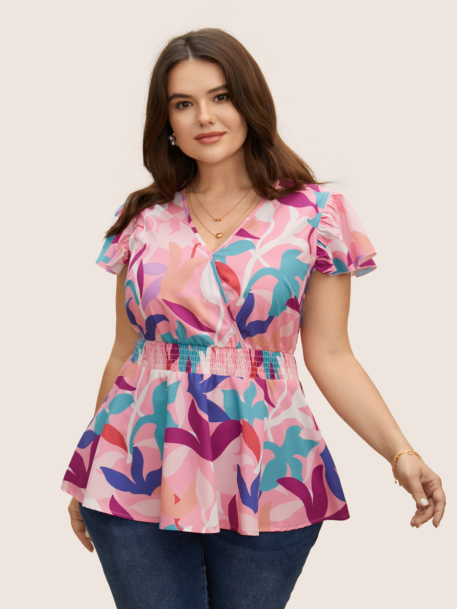 

Plus Size Multicolor Colored Floral Overlap Collar Shirred Blouse Women Elegant Cap Sleeve Overlap Collar Everyday Blouses BloomChic