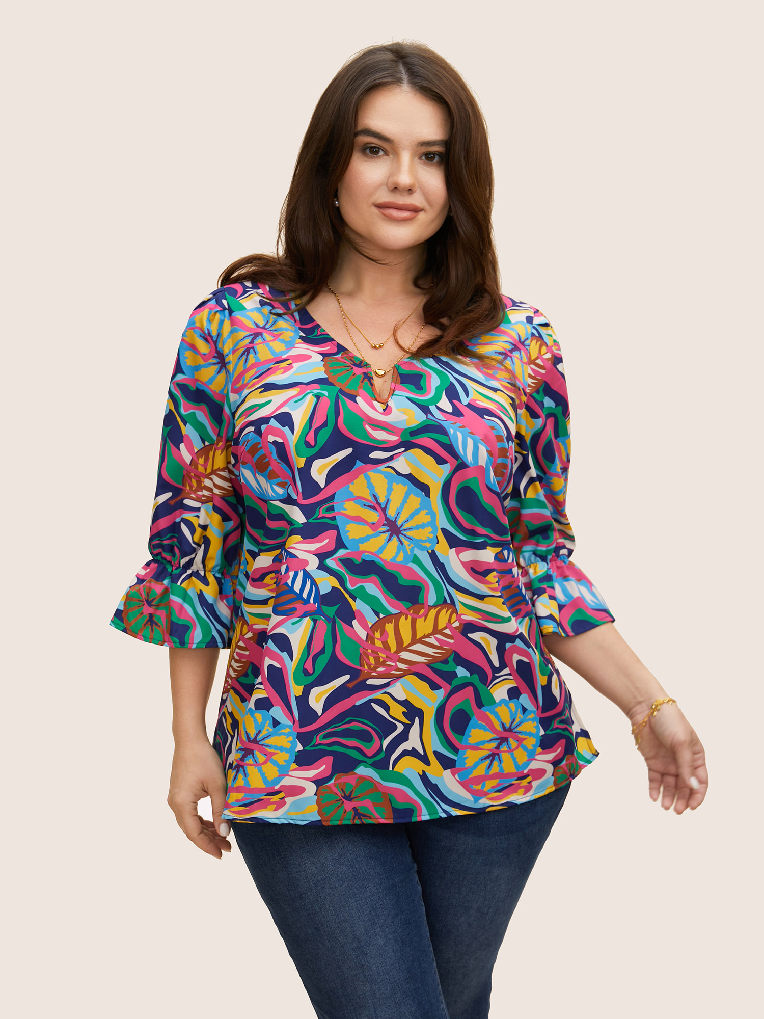 

Plus Size Multicolor Tropical Print Notched Lantern Sleeve Blouse Women Elegant Elbow-length sleeve Notched collar Everyday Blouses BloomChic