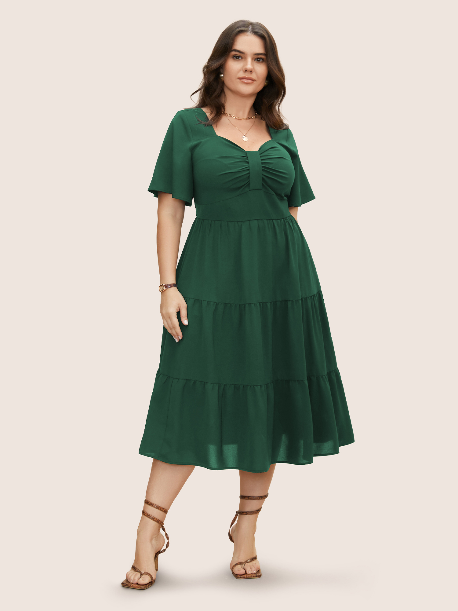 

Plus Size Heart Neckline Ruched Ruffle Layered Hem Dress DarkGreen Women Gathered Heart neckline Short sleeve Curvy BloomChic