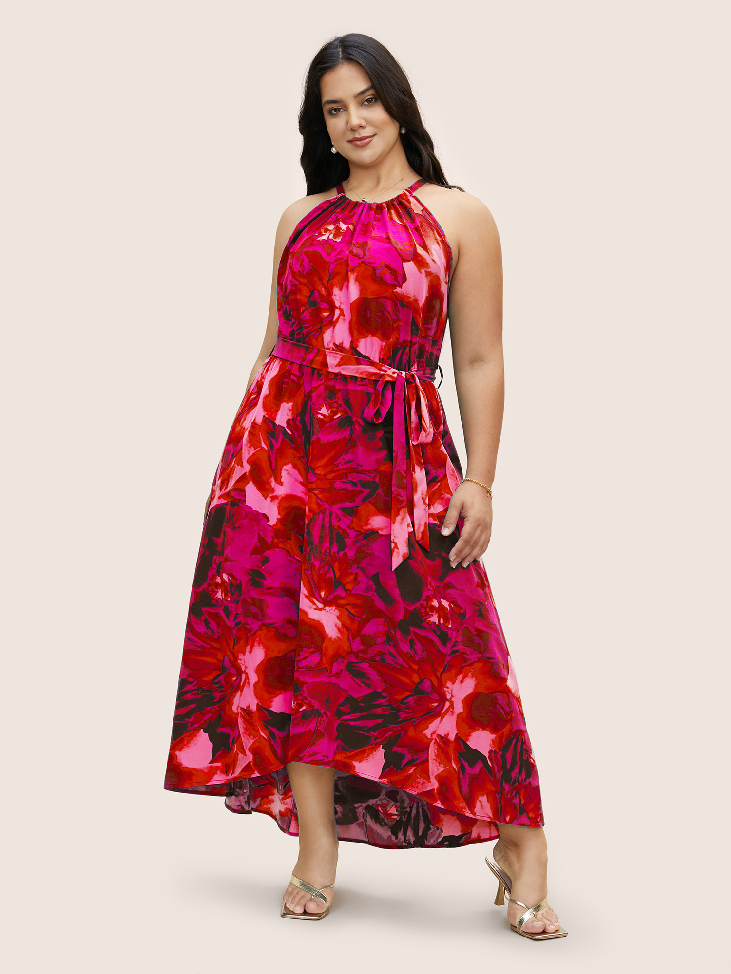

Plus Size Halter Watercolor Floral Belted Dress Crimson Women Gathered Halter neck Sleeveless Curvy BloomChic