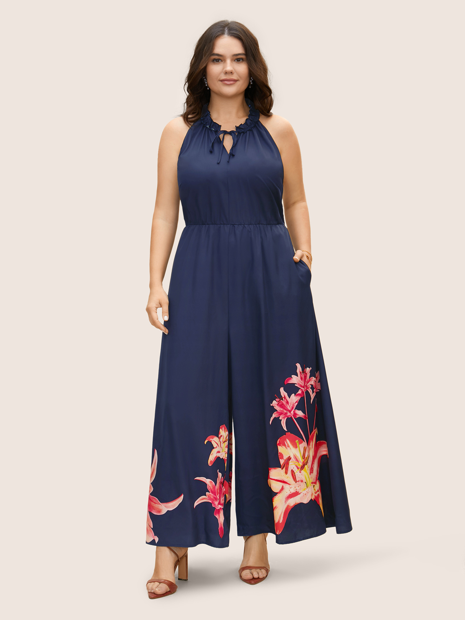 

Plus Size Navy Lily Print Frill Trim Tie Knot Jumpsuit Women Elegant Sleeveless Round Neck Everyday Loose Jumpsuits BloomChic