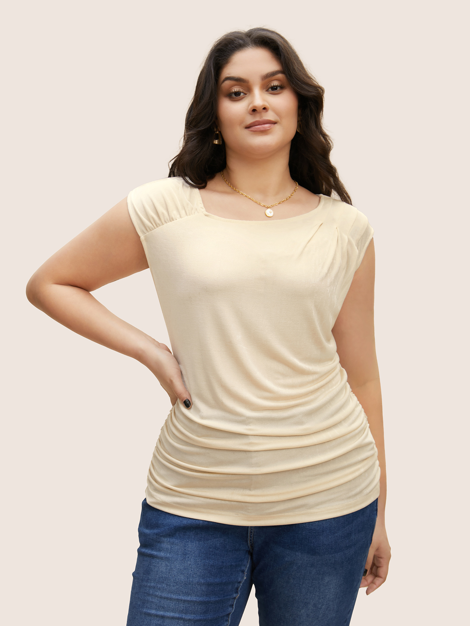 

Plus Size Asymmetrical Neck Pleated Cap Sleeve T-shirt Apricot Asymmetrical Neck Cap Sleeve Elegant Jersey Tops