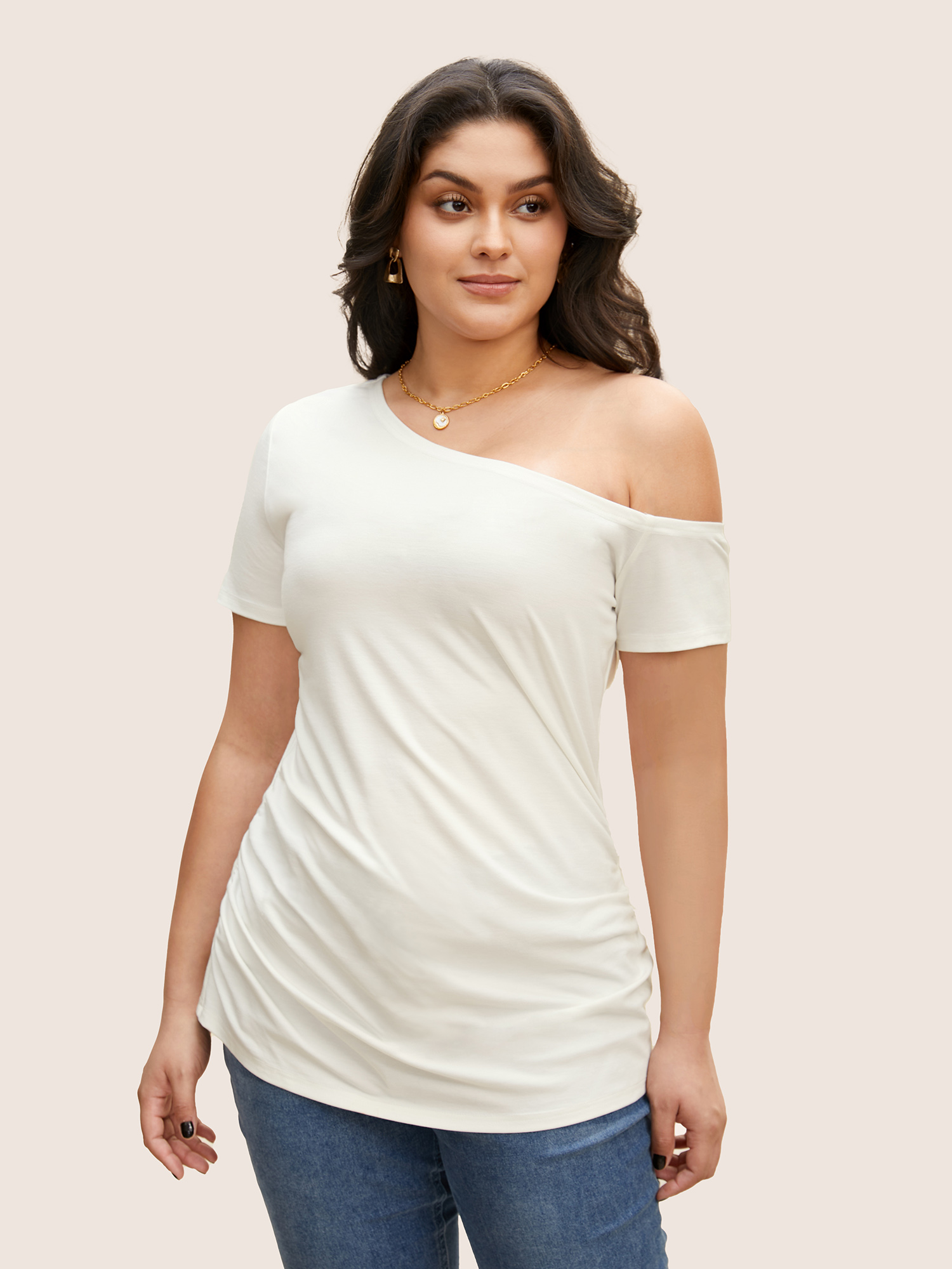 

Plus Size One Shoulder Solid Gathered Knit T-shirt WhiteSmoke Women Elegant Gathered Asymmetrical Neck Bodycon Everyday T-shirts BloomChic