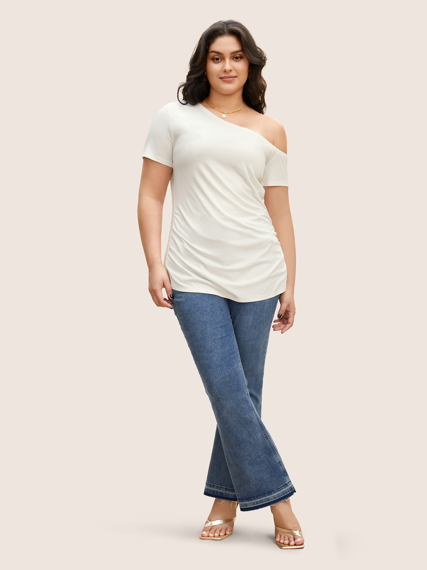 Plus Size One Shoulder Solid Gathered Knit T-shirt WhiteSmoke Women Elegant Gathered Asymmetrical Neck Bodycon Everyday T-shirts BloomChic 14-16/1X 