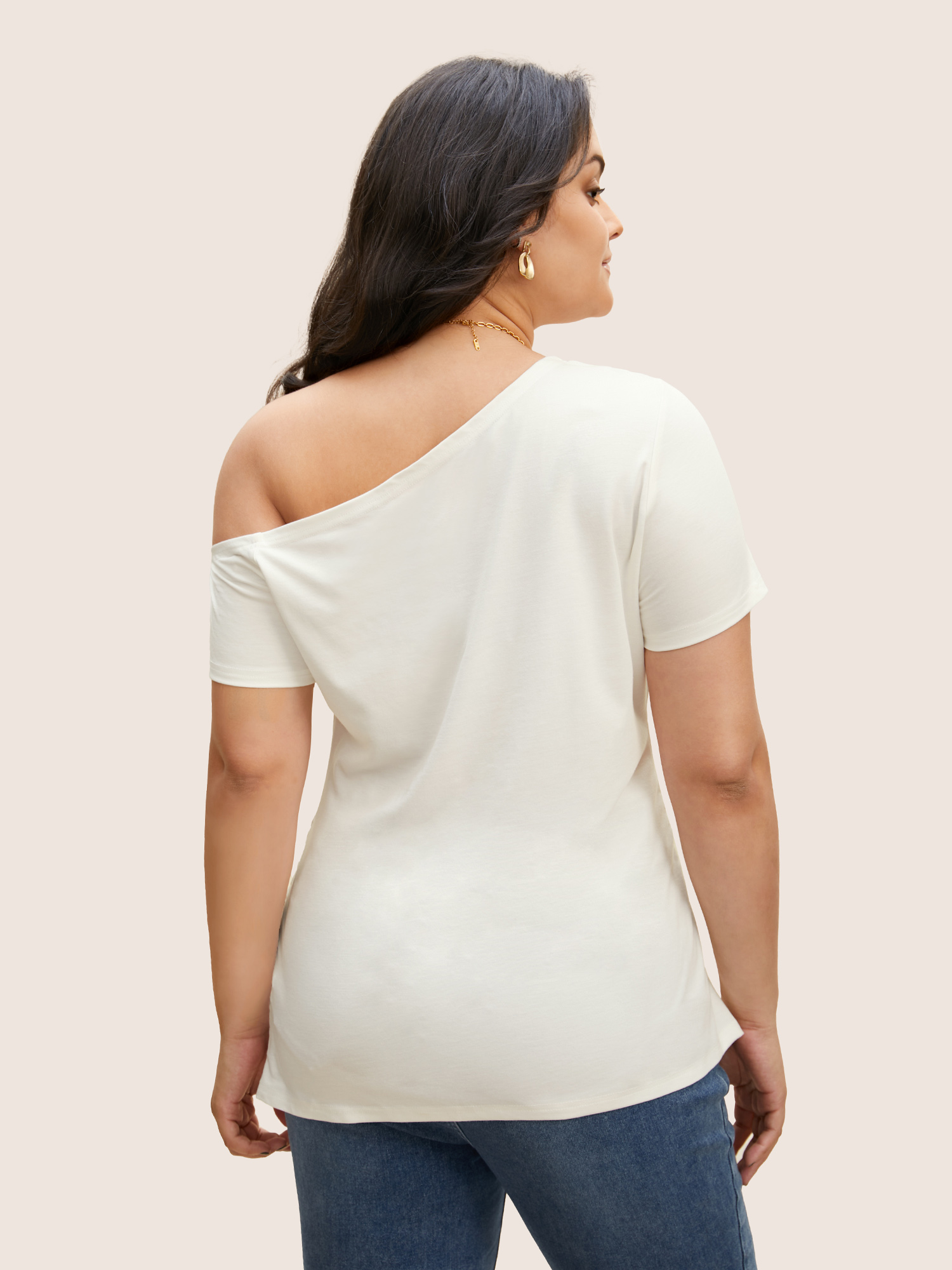 Plus Size One Shoulder Solid Gathered Knit T-shirt WhiteSmoke Women Elegant Gathered Asymmetrical Neck Bodycon Everyday T-shirts BloomChic 14-16/1X 